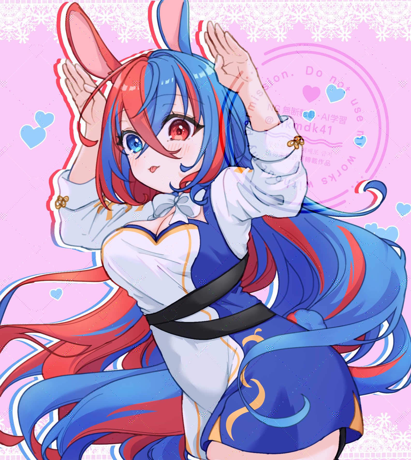 negitama (nkmdk41), female alear (divine attire) (fire emblem), female alear (fire emblem), fire emblem, fire emblem engage, nintendo, highres, 1girl, :p, animal ears, blue eyes, blue hair, blush, breasts, cleavage, cleavage cutout, closed mouth, clothing cutout, crossed bangs, hands up, heterochromia, long hair, long sleeves, medium breasts, multicolored hair, official alternate costume, rabbit ears, red eyes, red hair, romper, smile, solo, split-color hair, thick thighs, thighs, tongue, tongue out, two-tone hair, very long hair