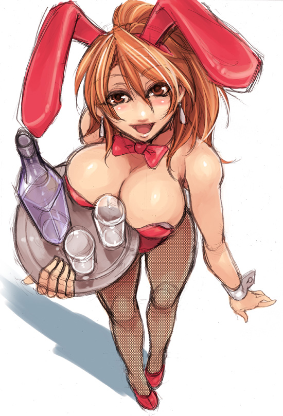 mizuryu kei, marsia (arc the lad), arc the lad, arc the lad iii, red footwear, 1girl, animal ears, bow, bowtie, breasts, cleavage, cup, detached collar, drinking glass, fake animal ears, female focus, fishnet pantyhose, fishnets, from above, happy, leotard, looking at viewer, medium breasts, pantyhose, perspective, pigeon-toed, playboy bunny, rabbit ears, red bow, red bowtie, red leotard, simple background, sketch, smile, solo, tray, white background, wrist cuffs