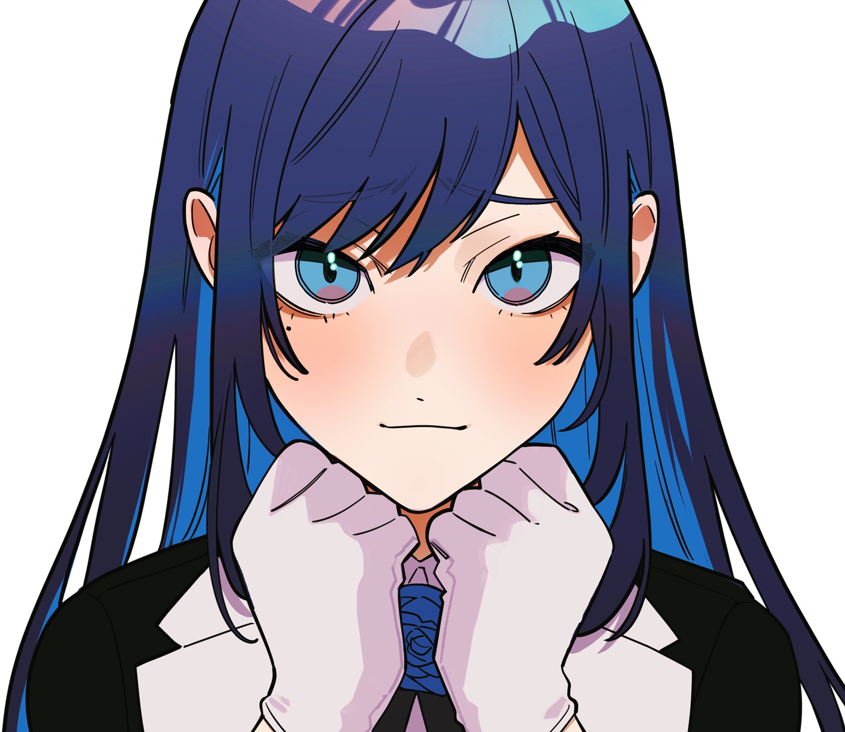 riseno, chando (ado), ado (utaite), commentary, highres, 1girl, blue eyes, blue hair, closed mouth, colored inner hair, gloves, hands up, long hair, mole, mole under eye, multicolored hair, simple background, solo, upper body, utaite, white background, white gloves