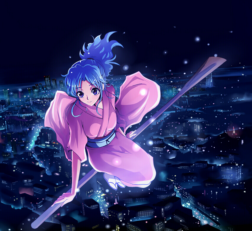 kasai shin, botan (yu yu hakusho), yuu yuu hakusho, 1girl, blue hair, city, female focus, flying, holding, holding oar, japanese clothes, kimono, light particles, long hair, night, oar, pink eyes, ponytail, purple eyes, sidesaddle, smile, solo, tabi