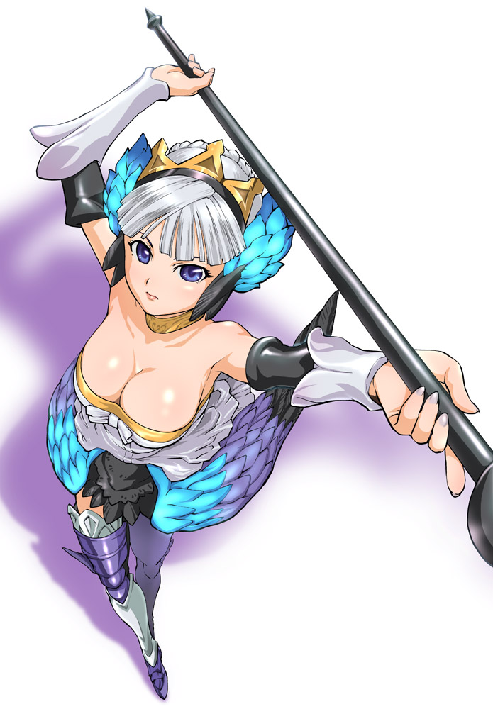 ueyama michirou, gwendolyn (odin sphere), odin sphere, silver hair, 1girl, armor, armored dress, armpits, blue eyes, breasts, choker, cleavage, detached sleeves, downblouse, dress, female focus, from above, large breasts, multicolored wings, solo, strapless, strapless dress, thighhighs, weapon, wings