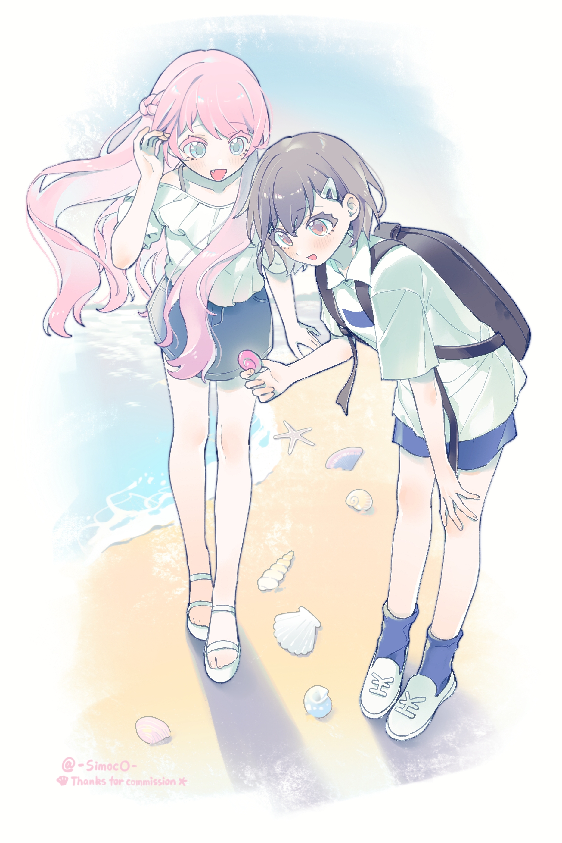 simoco, chihaya anon, nagasaki soyo, bang dream!, bang dream! it's mygo!!!!!, absurdres, commentary, highres, symbol-only commentary, 2girls, backpack, bag, beach, black bag, blue shorts, blue skirt, blue socks, braid, brown eyes, fang, frilled shirt, frills, grey eyes, hair ornament, hairclip, half up braid, holding seashell, long hair, multiple girls, ocean, open mouth, pink hair, seashell, shell, shirt, shoes, short sleeves, shorts, skirt, socks, white shirt, white shoes