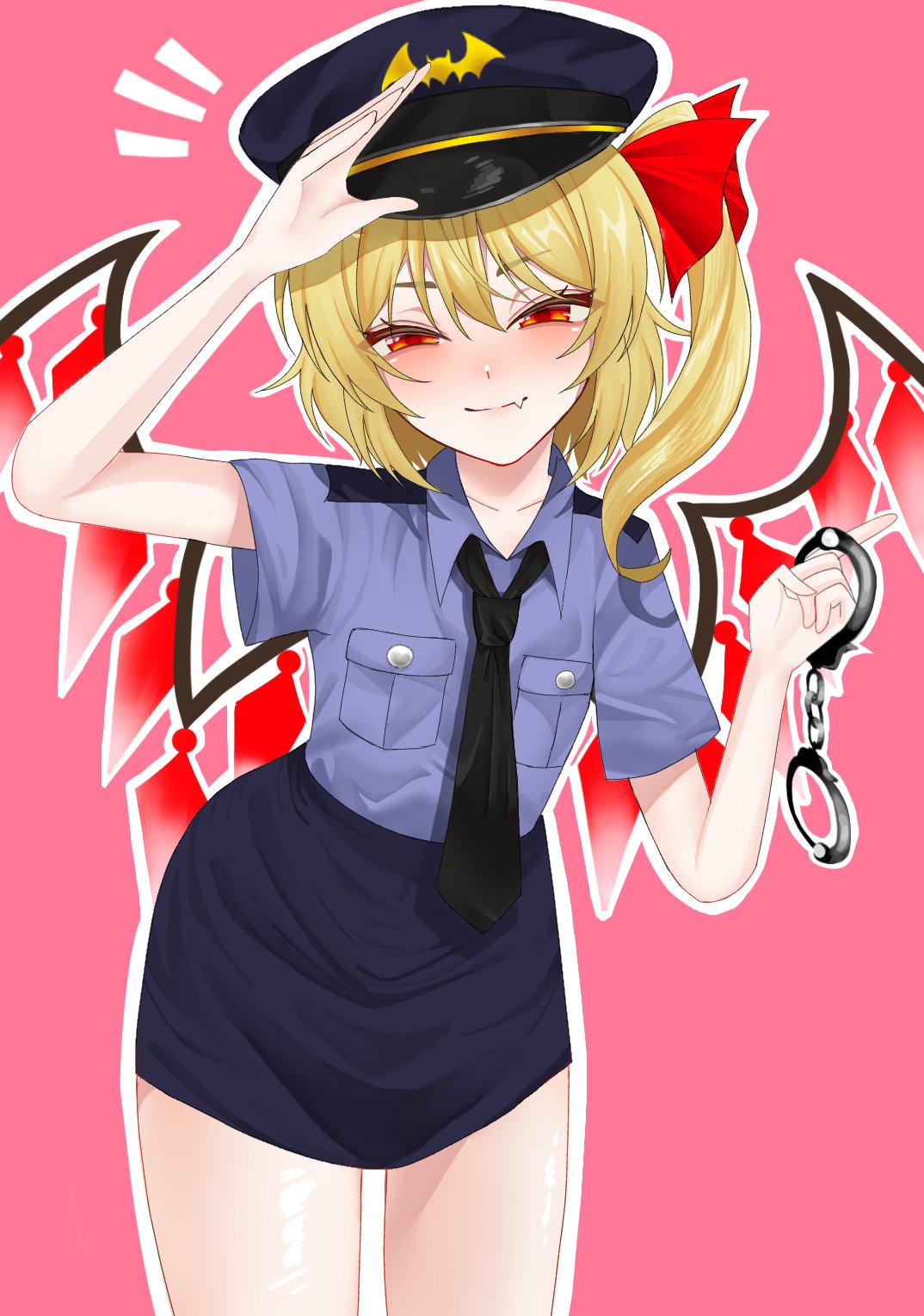 flandre scarlet, touhou, commentary request, highres, 1girl, alternate costume, arm up, bat brooch, black necktie, blonde hair, blue hat, blue shirt, blue skirt, blush, breast pocket, closed mouth, collarbone, collared shirt, cowboy shot, crystal wings, cuffs, fang, hair ribbon, half-closed eyes, handcuffs, hat, holding, holding handcuffs, leaning forward, light smile, looking at viewer, necktie, nori 01216, notice lines, outline, peaked cap, pencil skirt, pocket, police, police uniform, red eyes, red ribbon, ribbon, shirt, short hair, short sleeves, side ponytail, simple background, skin fang, skirt, solo, standing, v-shaped eyebrows, white outline, wings