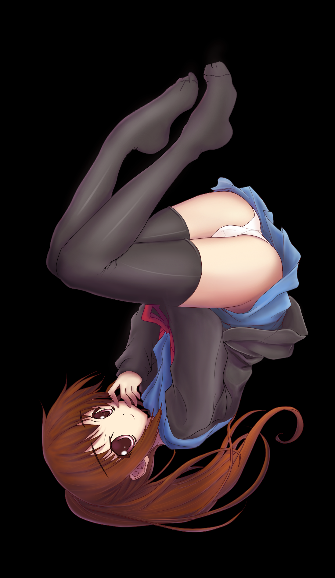 kuraneko (asakura), kyonko, suzumiya haruhi no yuuutsu, bad id, bad pixiv id, highres, 00s, 1girl, ass, black thighhighs, brown hair, female focus, genderswap, genderswap (mtf), panties, ponytail, school uniform, serafuku, skirt, smile, solo, thighhighs, trefoil, underwear, upside-down, white panties