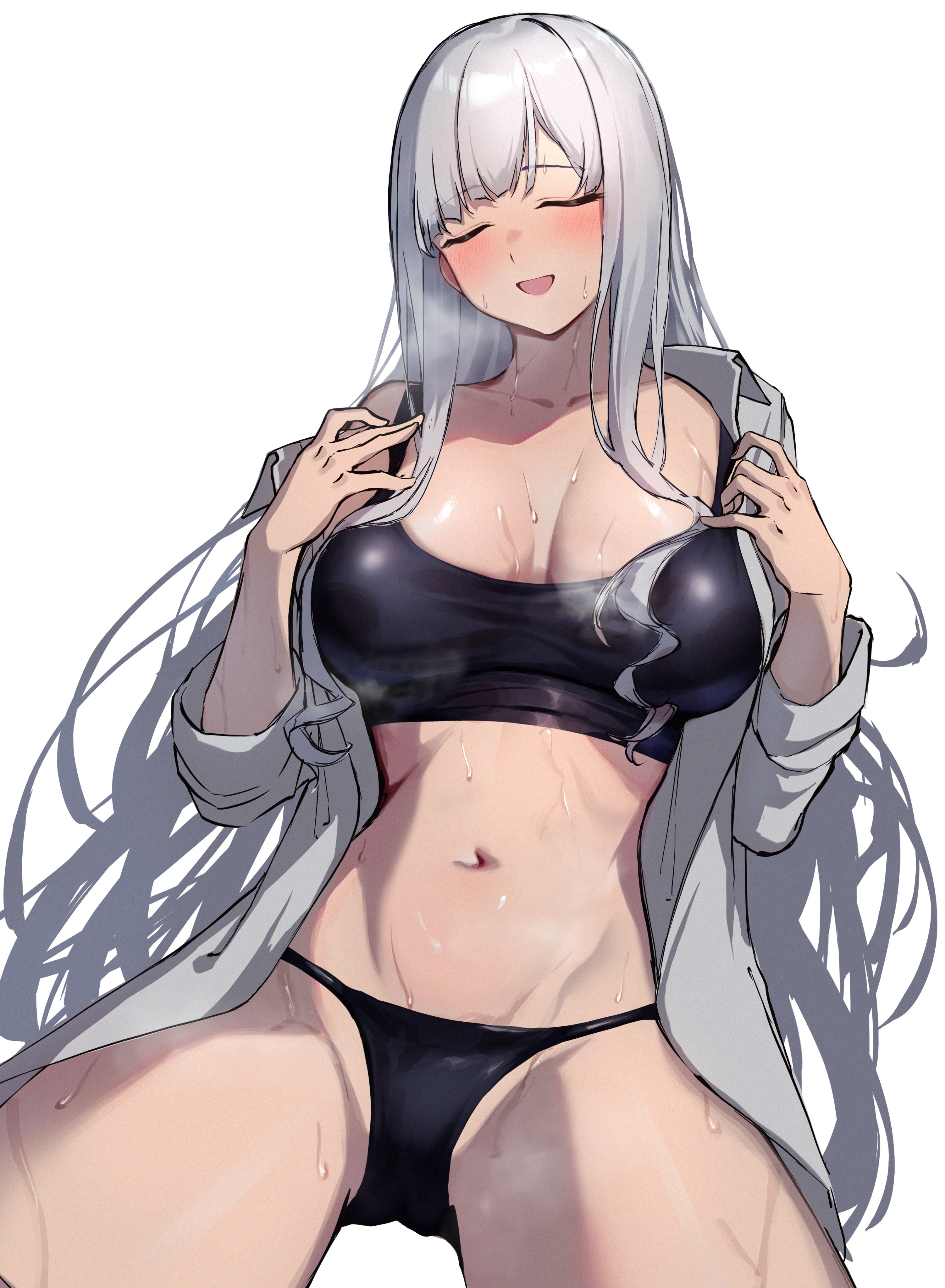 3 small spiders, ak-12 (girls' frontline), girls' frontline, absurdres, commentary request, highres, 1girl, black bra, black panties, blush, bra, breasts, breasts apart, closed eyes, collarbone, facing viewer, long hair, navel, open clothes, open mouth, open shirt, panties, shirt, simple background, smile, solo, sports bra, stomach, sweat, underwear, white background, white hair, white shirt