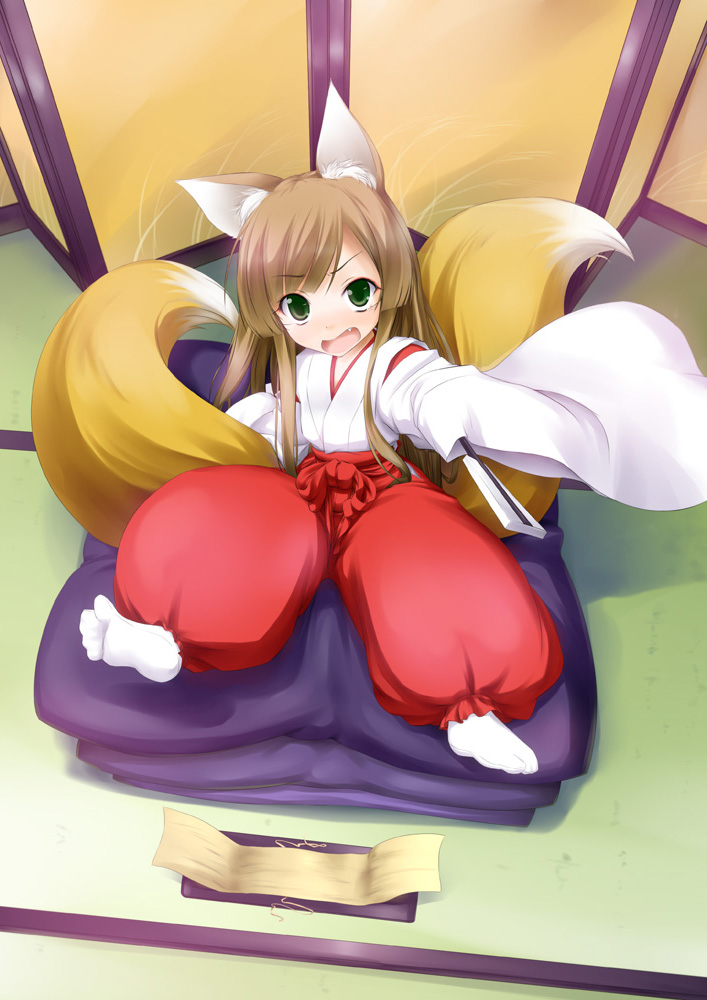 kazami fukashido, animal ears, brown hair, fang, fox ears, fox tail, green eyes, japanese clothes, long hair, solo, tail, tears
