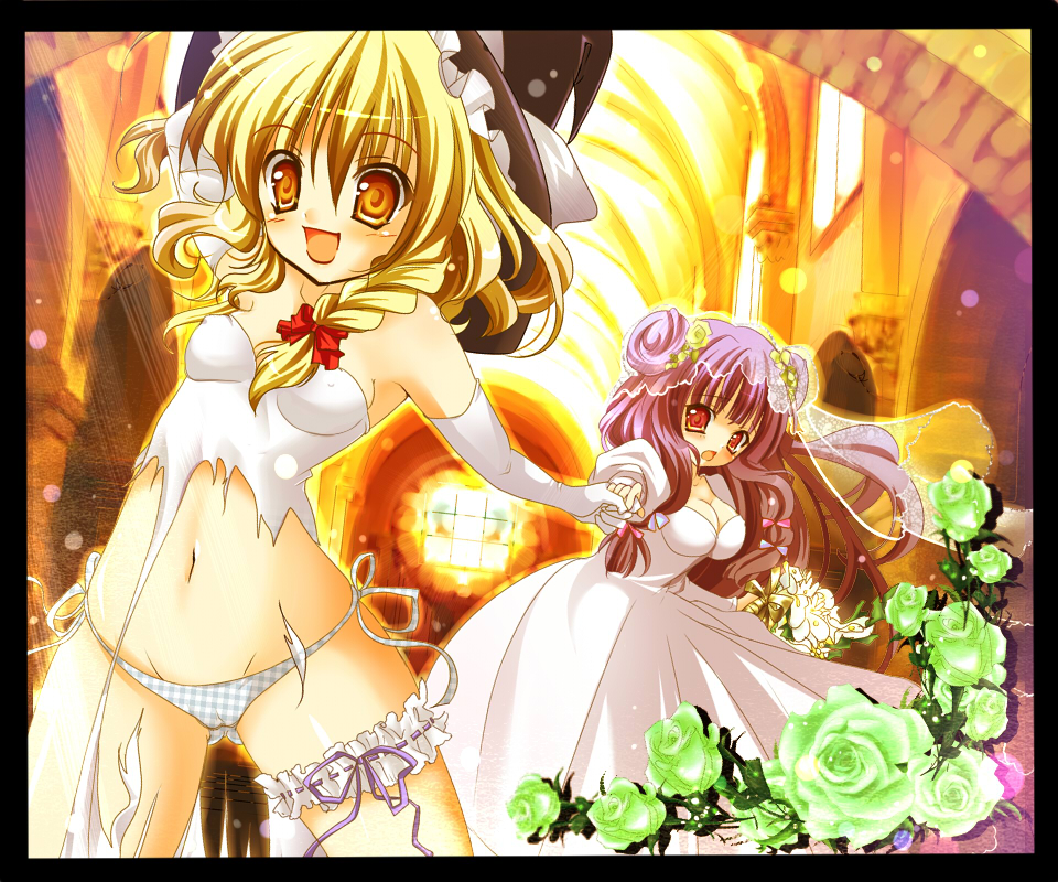 kino (kino konomi), kino konomi, maruru (pixiv), kirisame marisa, patchouli knowledge, touhou, bad id, bad pixiv id, 2girls, :d, blonde hair, border, bride, checkered clothes, checkered panties, church, dress, elbow gloves, female focus, flower, frilled thigh strap, gloves, hand on headwear, hat, light rays, long hair, multiple girls, open mouth, panties, plaid clothes, plaid panties, purple hair, ribbon, side-tie panties, smile, sunbeam, sunlight, thigh strap, torn clothes, underwear, wedding dress, witch hat