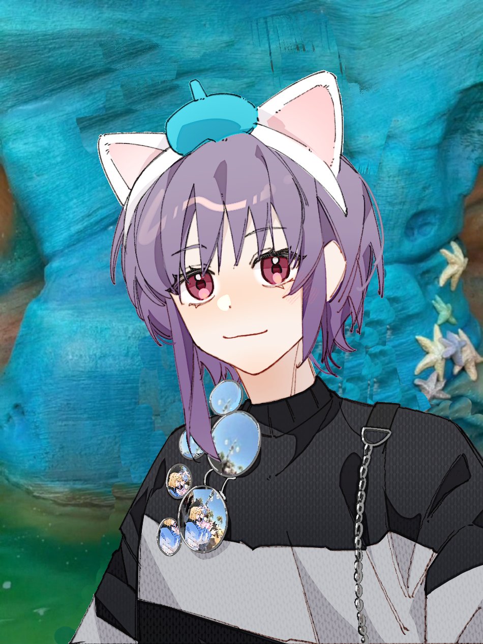 misumi uika, togawa sakiko, yuutenji nyamu, bang dream!, bang dream! it's mygo!!!!!, commentary, highres, photo-referenced, symbol-only commentary, 1girl, animal ears, black sweater, cat ears, fake animal ears, jilanzhijing, photo background, purple hair, red eyes, selfie, short hair, solo focus, striped clothes, striped sweater, sweater, unworn eyewear, upper body, voice actor connection, yonezawa akane