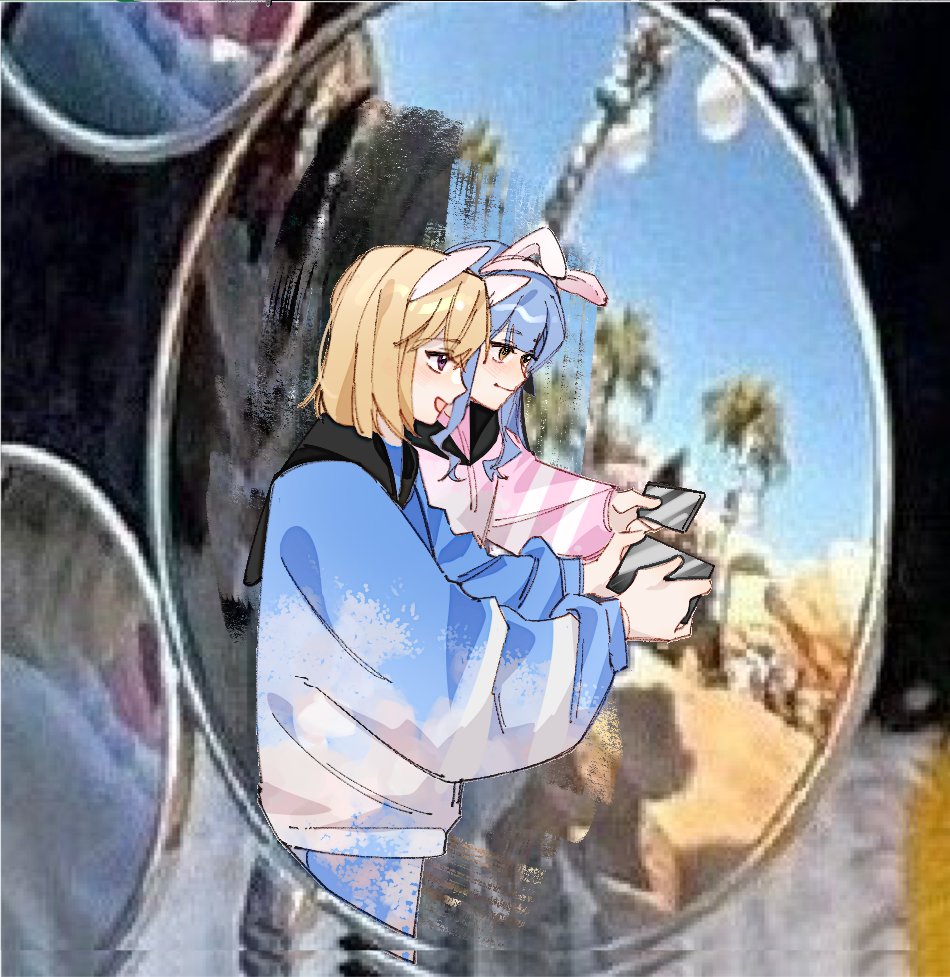 misumi uika, togawa sakiko, bang dream!, bang dream! it's mygo!!!!!, commentary, symbol-only commentary, 2girls, animal ears, blonde hair, blue hair, blue hoodie, fake animal ears, hood, hoodie, jilanzhijing, medium hair, multiple girls, open mouth, photo background, pink hoodie, purple eyes, rabbit ears, sasaki rico (voice actor), selfie, takao kanon, voice actor, yellow eyes
