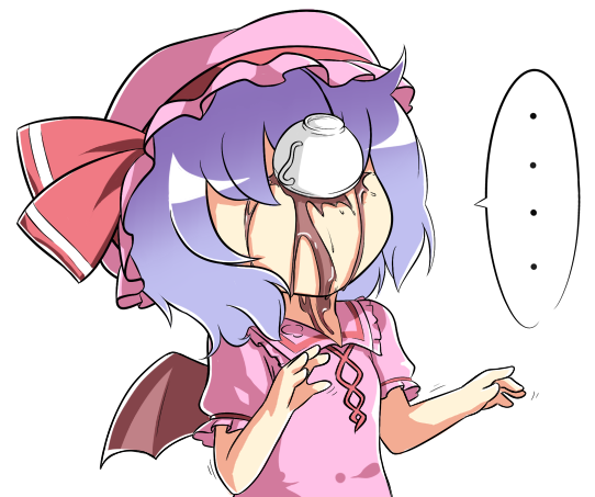 nase, nase (pixiv), remilia scarlet, touhou, bad id, bad pixiv id, …, 1girl, blue hair, chibi, cup, failure, female focus, hat, in the face, ribbon, short hair, solo, spill, tea, teacup, wet, wings