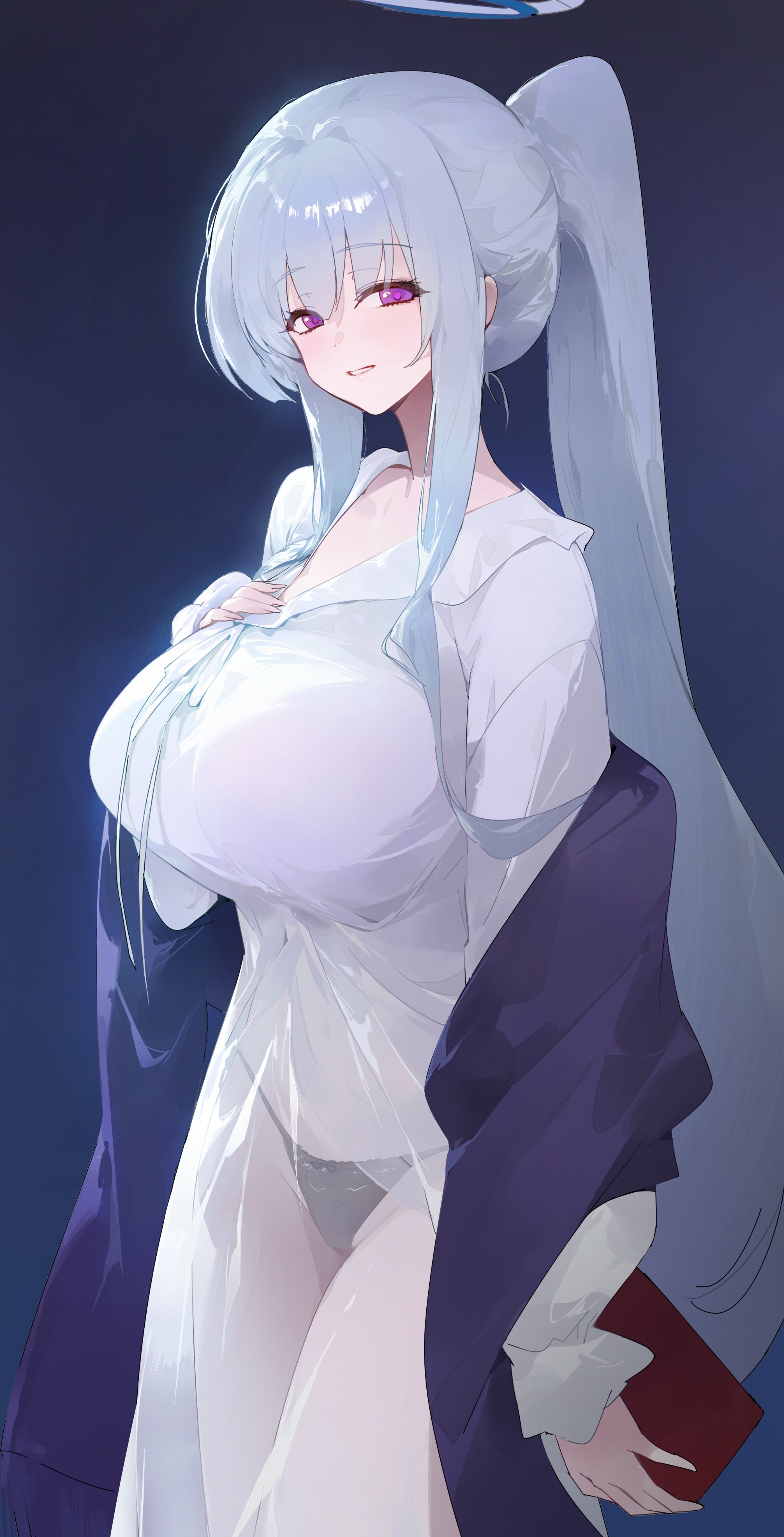 dokshuri, noa (blue archive), noa (pajamas) (blue archive), blue archive, absurdres, highres, 1girl, black panties, book, breasts, covered navel, dress, halo, hand on own chest, holding, holding book, huge breasts, jacket, looking at another, official alternate costume, official alternate hairstyle, panties, panties visible through clothes, parted lips, ponytail, purple eyes, purple jacket, see-through clothes, see-through dress, sidelocks, smile, solo, underwear, white dress, white hair, white halo