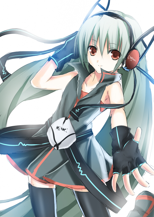 koi (koisan), silver hair, bad id, bad pixiv id, fingerless gloves, gloves, headphones, long hair, skirt, socks, solo, thighhighs