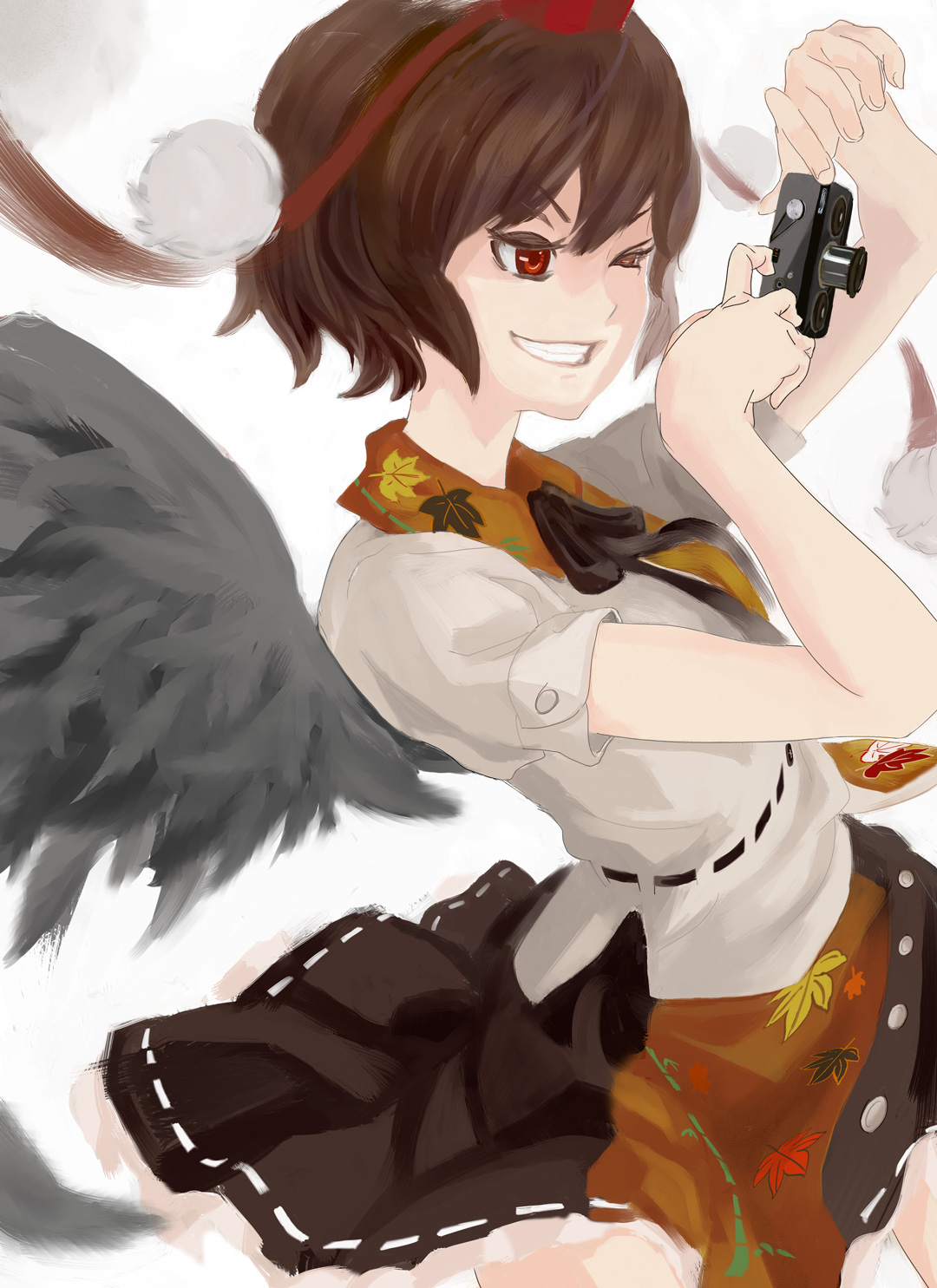 conjaku, sec (pixiv), shameimaru aya, touhou, looking away, bad id, bad pixiv id, highres, 1girl, black hair, blouse, camera, collared shirt, female focus, grin, hat, pom pom (clothes), ribbon, ribbon-trimmed skirt, ribbon trim, shirt, short hair, smile, solo, white shirt