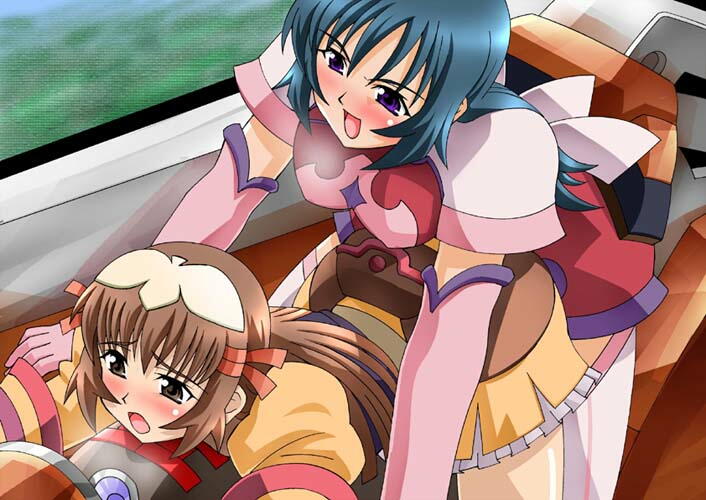 j.h., kotona elegance, re mii, zoids, zoids genesis, white legwear, 00s, 2girls, :o, age difference, all fours, bent over, blue hair, blush, breasts, brown hair, cockpit, covered erect nipples, dress, dutch angle, elbow gloves, embarrassed, femdom, frills, gloves, grey eyes, hair ornament, hair ribbon, large breasts, leaning forward, long hair, lying, multiple girls, on stomach, open mouth, purple eyes, ribbon, sexually suggestive, short dress, spread legs, straddling, surprised, thighhighs, window, yuri, zettai ryouiki