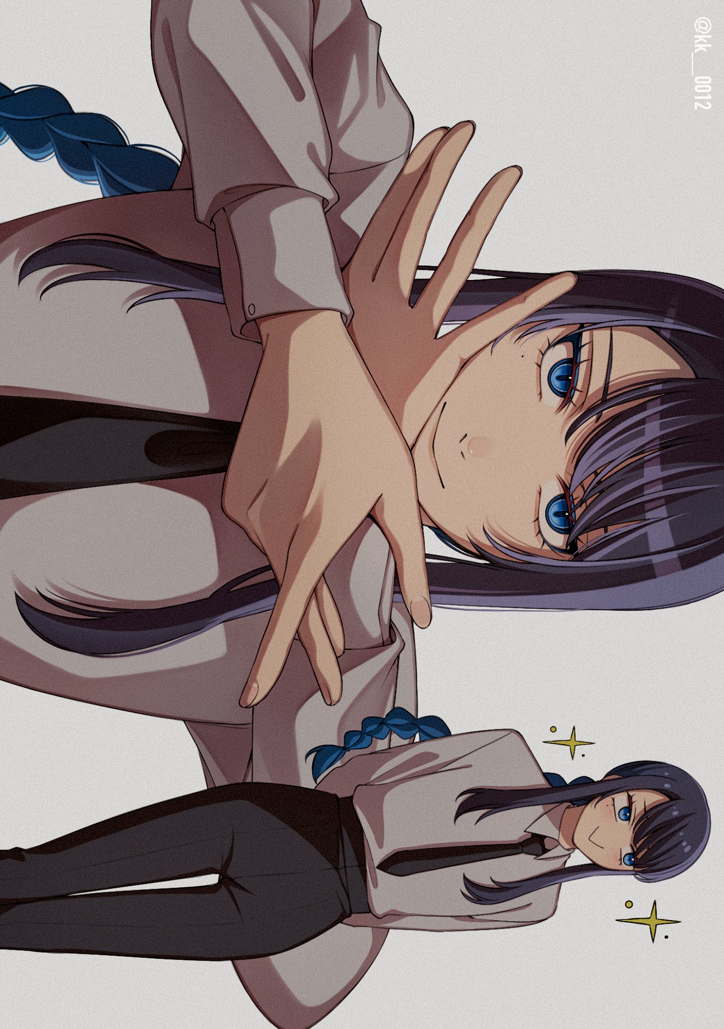 keeko (kk 0012), chando (ado), makima (chainsaw man), ado (utaite), chainsaw man, commentary request, highres, 1girl, :>, black hair, black necktie, black pants, blue eyes, blue hair, blush, braid, cosplay, long hair, long sleeves, makima (chainsaw man) (cosplay), mole, mole under eye, multiple views, necktie, pants, shirt, sidelocks, sideways, simple background, single braid, utaite, white background, white shirt