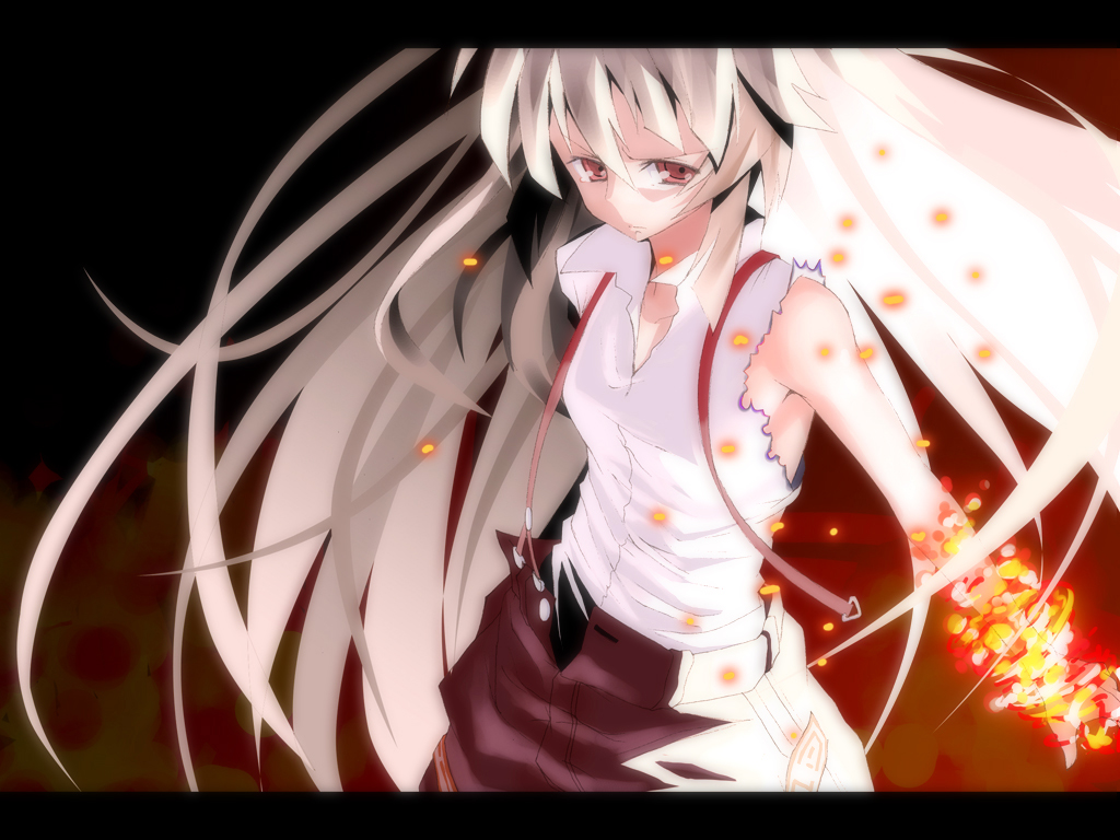 kasuga ayumu (artist), kasuga ayumu (haruhipo), fujiwara no mokou, touhou, silver hair, bad id, bad pixiv id, 1girl, female focus, fire, letterboxed, long hair, ribbon, solo