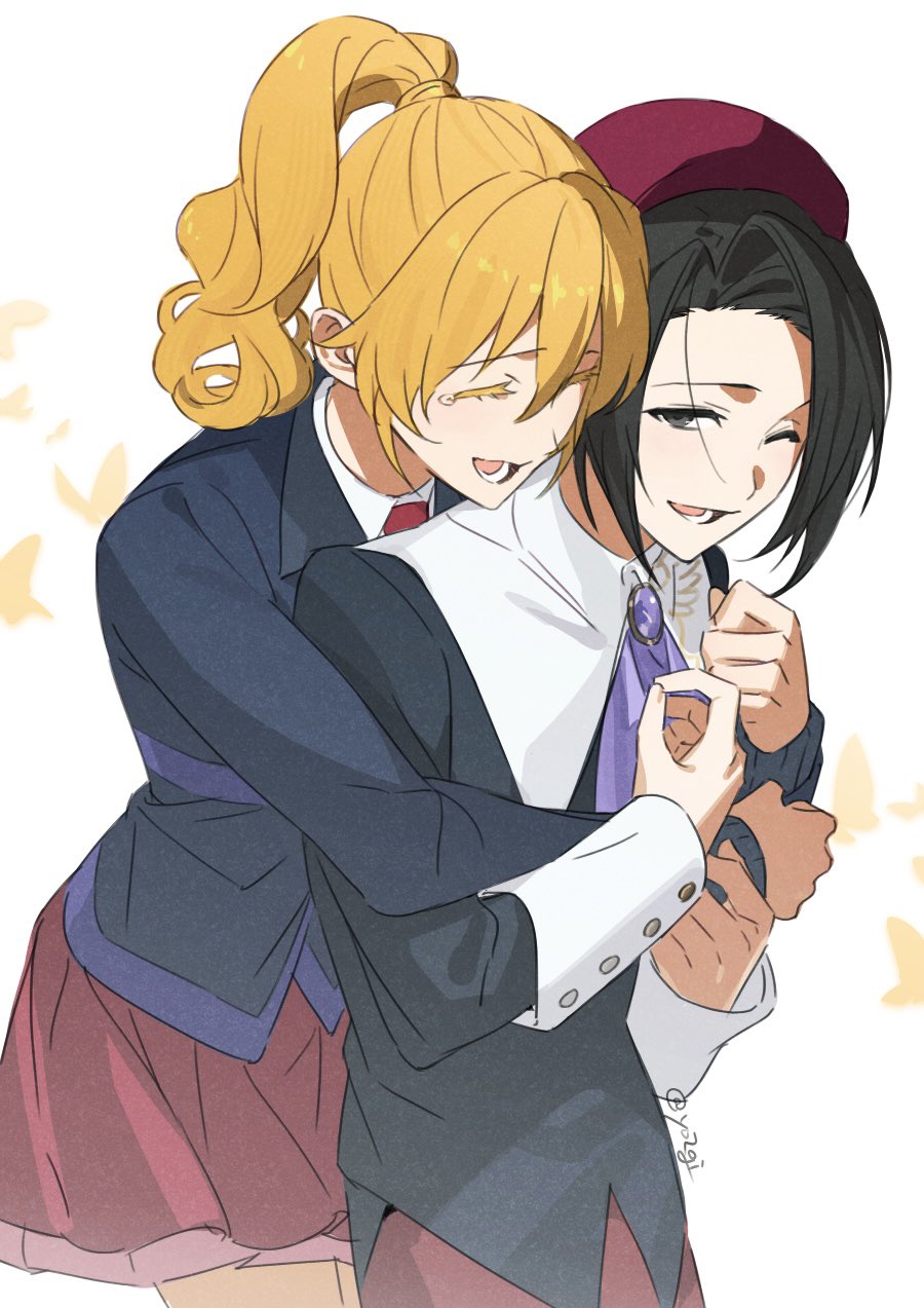 yo2gi mmm, kanon (umineko), ushiromiya jessica, umineko no naku koro ni, highres, 1boy, 1girl, ascot, beret, black hair, black jacket, blonde hair, collared shirt, colored eyelashes, grey eyes, hat, hug, hug from behind, jacket, lower teeth only, one eye closed, ponytail, purple ascot, red hat, red skirt, shirt, short hair, skirt, smile, tearing up, teeth, white shirt