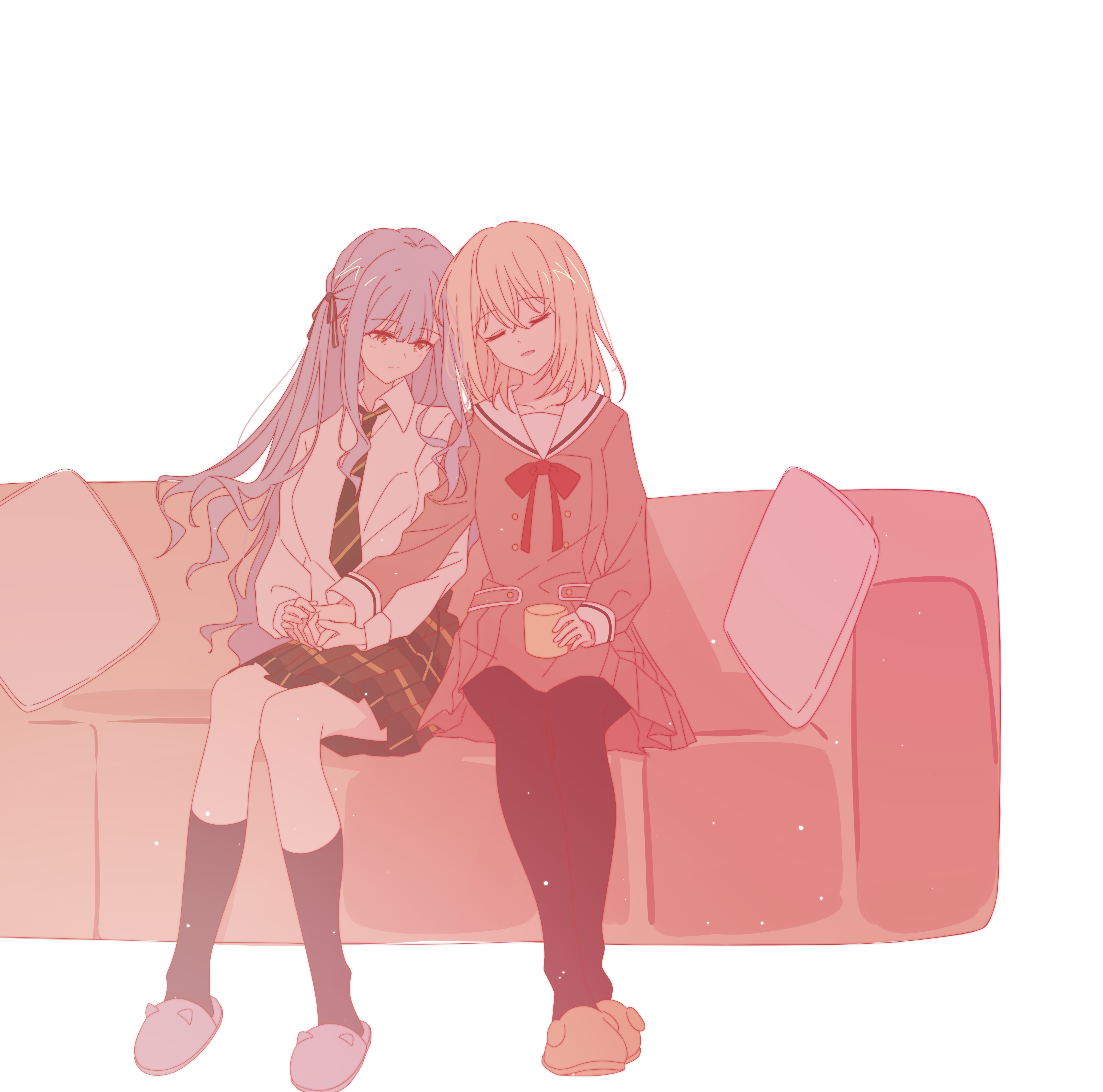 meeeeei, misumi uika, togawa sakiko, bang dream!, bang dream! it's mygo!!!!!, absurdres, chinese commentary, commentary request, highres, 2girls, black pantyhose, black ribbon, black socks, blonde hair, blue hair, brown dress, closed mouth, couch, cup, diagonal-striped clothes, diagonal-striped necktie, dress, green necktie, green skirt, hair between eyes, hair ribbon, hanasakigawa school uniform, haneoka school uniform, holding, holding cup, holding hands, kneehighs, light particles, long hair, medium hair, multiple girls, necktie, open mouth, pantyhose, plaid clothes, plaid skirt, pleated dress, pleated skirt, red ribbon, ribbon, sailor collar, sailor dress, school uniform, shirt, sidelocks, simple background, sitting, skirt, slippers, socks, striped clothes, white background, white sailor collar, white shirt, yellow eyes, yuri