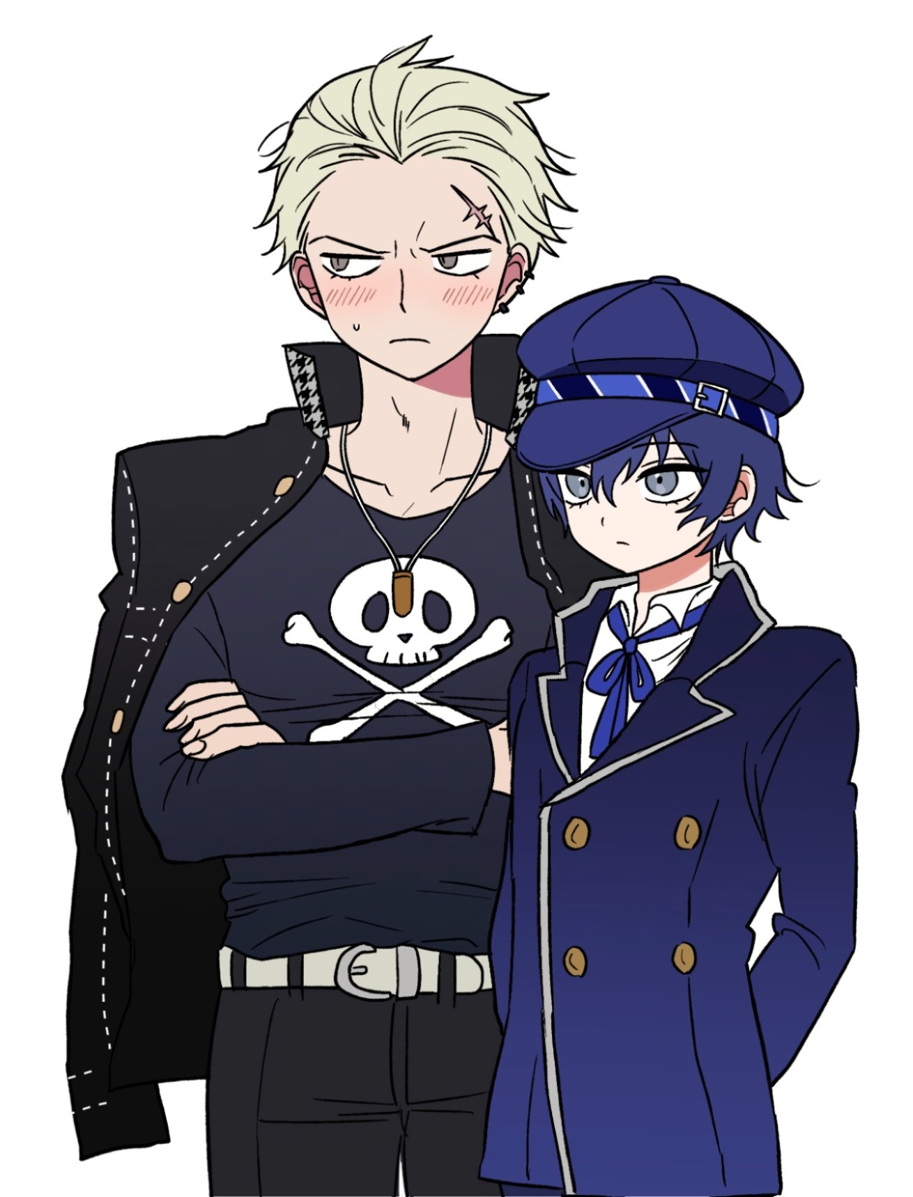 shirogane naoto, tatsumi kanji, persona, persona 4, commentary request, highres, 1boy, 1girl, androgynous, arms behind back, belt, black jacket, black pants, black shirt, blonde hair, blue coat, blue hair, blue hat, blue ribbon, blush, brown eyes, buttons, closed mouth, coat, cowboy shot, crossed arms, double-breasted, facing to the side, facing viewer, frown, grey eyes, hair between eyes, hair slicked back, hat, jacket, jacket on shoulders, jewelry, long sleeves, looking ahead, looking to the side, necklace, pants, qnfrjswjsrmfla, reverse trap, ribbon, scar, scar on face, school uniform, shirt, short hair, simple background, skull and crossbones, skull print, sweatdrop, very short hair, white background, white shirt, yasogami school uniform