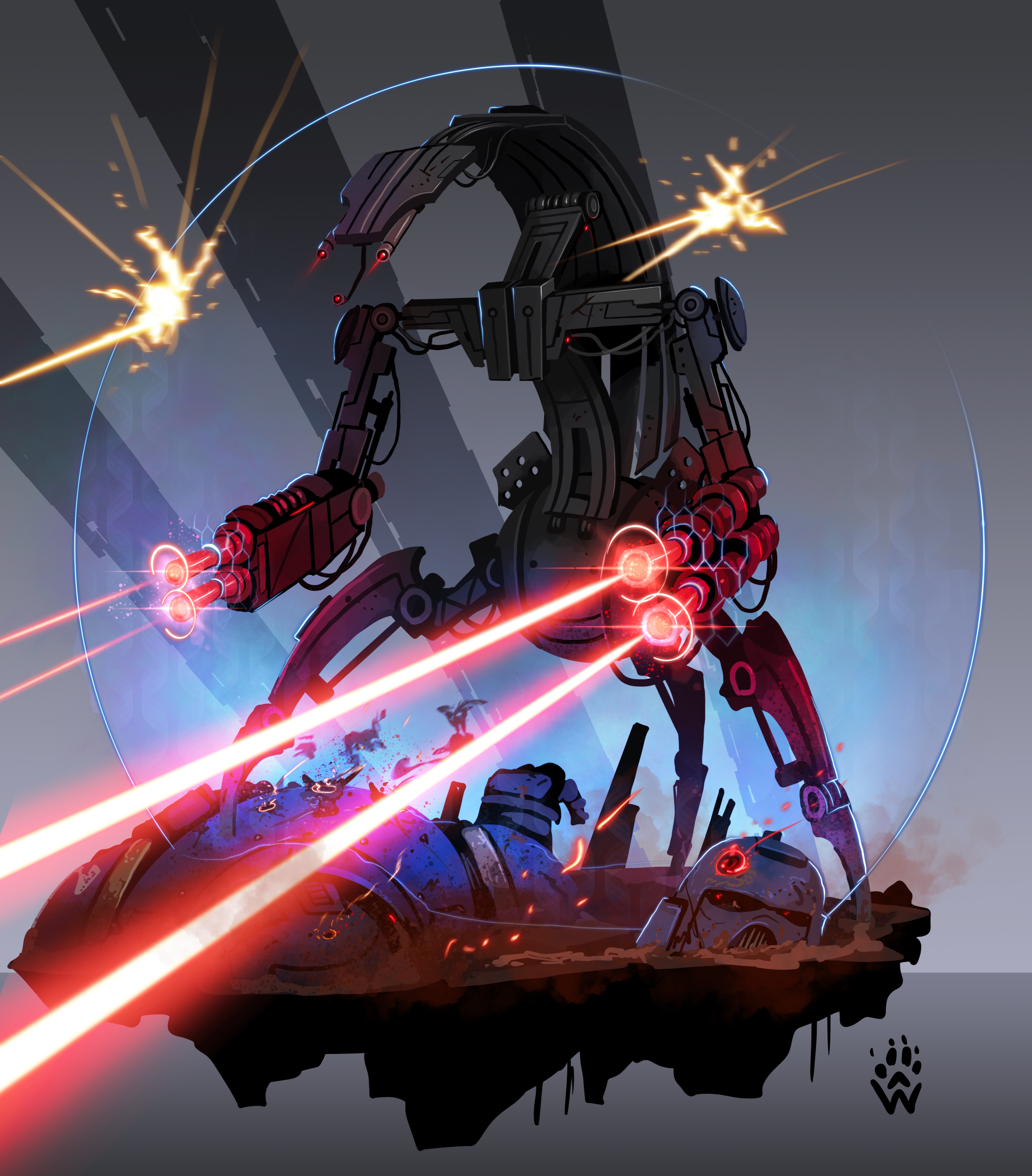wolfdawg art, star wars, warhammer 40k, absurdres, highres, 1boy, armor, corpse, crossover, droideka, energy barrier, helmet, laser, robot
