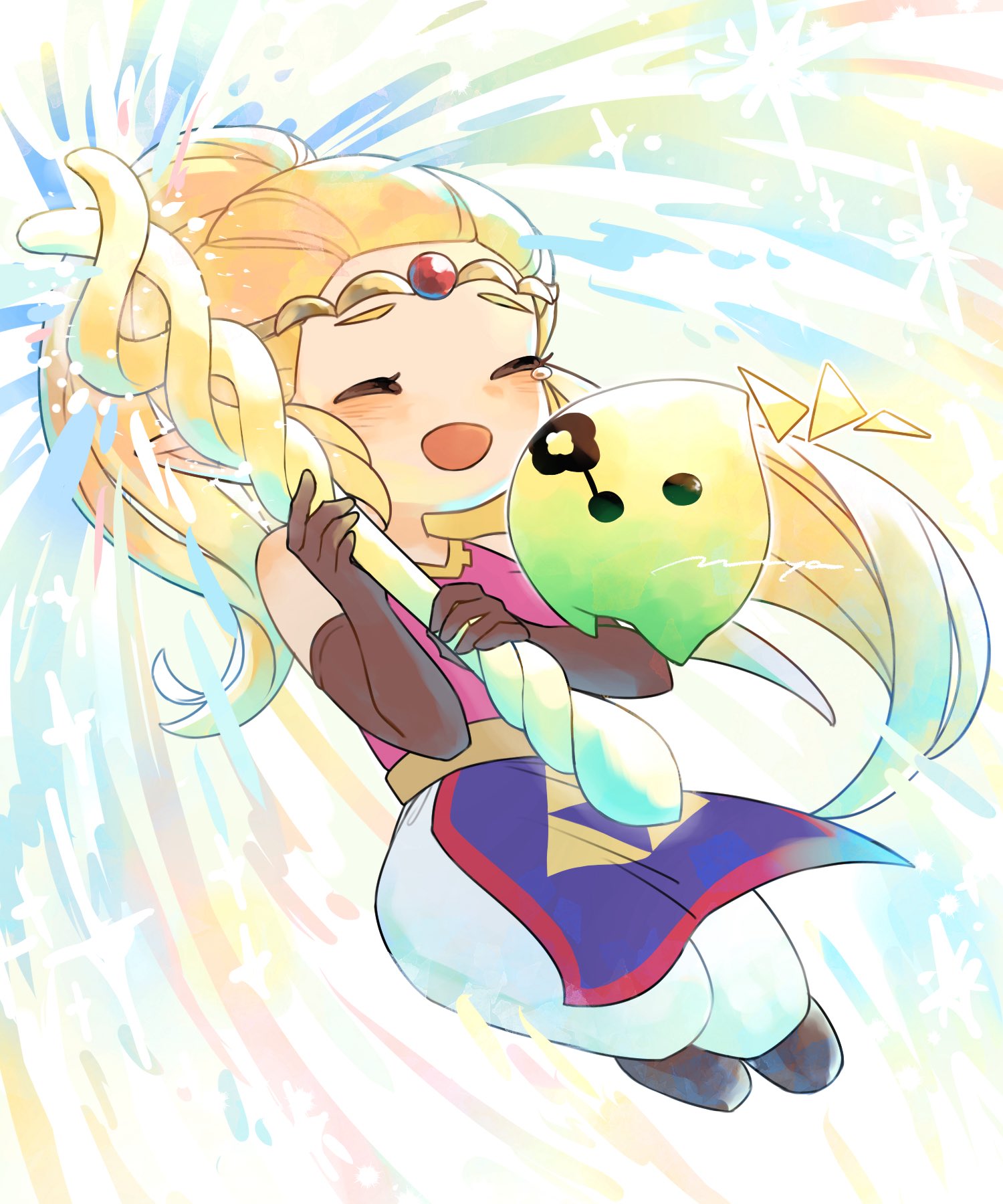 maya (mayamayammy), princess zelda, tri (zelda), nintendo, the legend of zelda, the legend of zelda: echoes of wisdom, commentary request, highres, 1girl, bare shoulders, blonde hair, boots, brown boots, brown gloves, chibi, circlet, closed eyes, elbow gloves, full body, gem, gloves, holding, holding staff, long hair, mage staff, open mouth, pants, pelvic curtain, pink shirt, ponytail, red gemstone, royal travel attire (zelda), shirt, signature, sleeveless, sleeveless shirt, smile, staff, tearing up, tri rod, triforce, white pants
