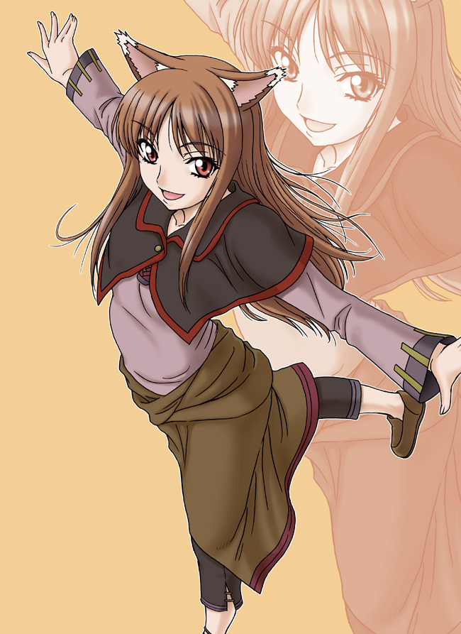 misnon the great, holo, spice and wolf, 00s, animal ears, brown hair, long hair, red eyes, solo, wolf ears
