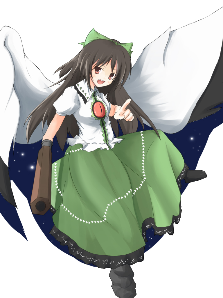 kirishima (pixiv), reiuji utsuho, touhou, bad id, bad pixiv id, 1girl, black hair, cape, female focus, long hair, red eyes, ribbon, skirt, solo, white background, wings