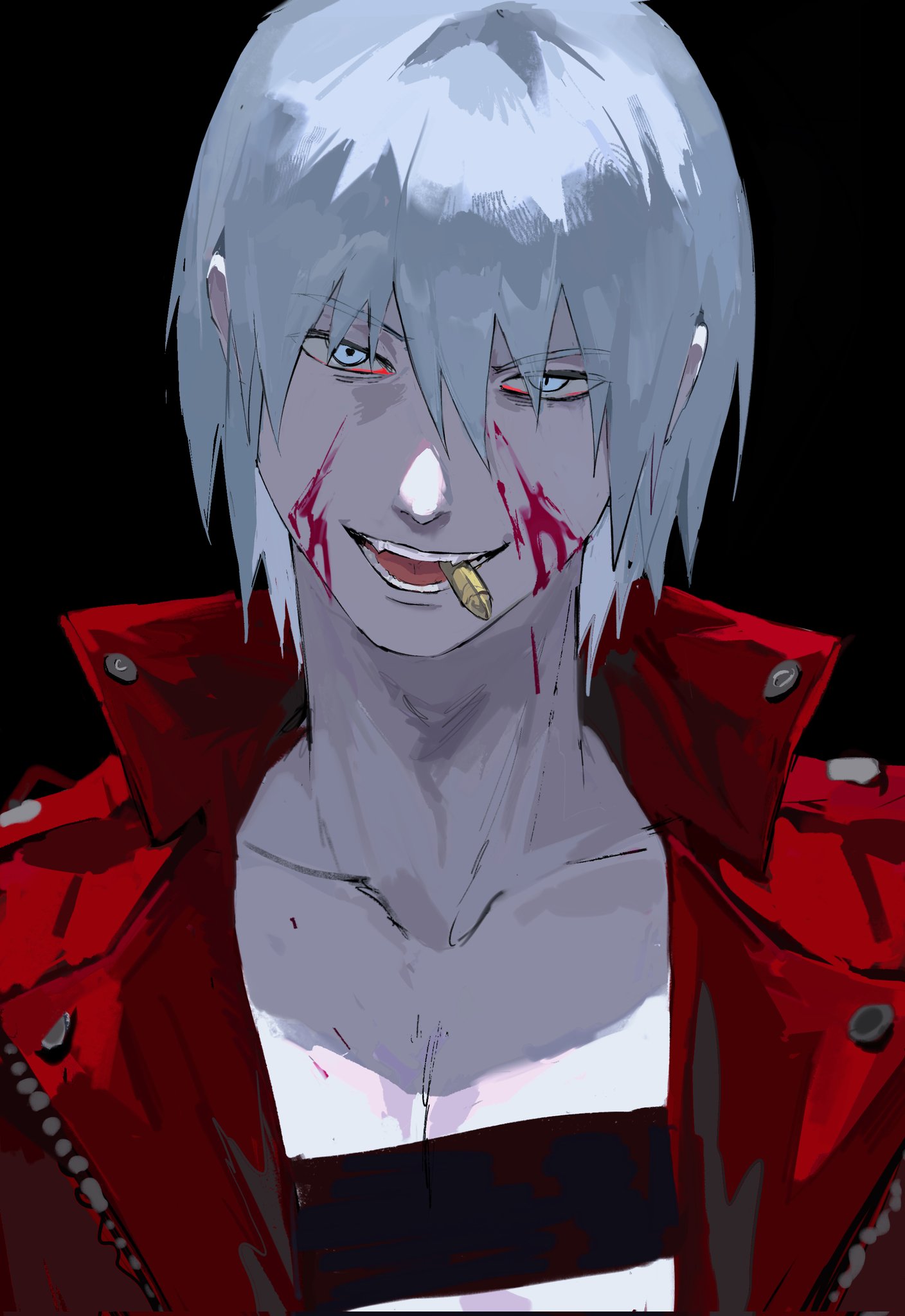 utopia 87115256, dante (devil may cry), devil may cry, devil may cry (series), devil may cry 3, chinese commentary, commentary request, highres, 1boy, black background, blood, blood on face, blue eyes, collarbone, collared jacket, jacket, looking at viewer, male focus, open mouth, popped collar, red jacket, shell casing, smile, solo, teeth, tongue, unzipped, upper body, white hair