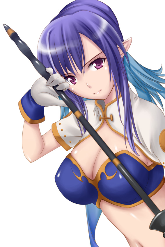 ribucci, judith (tales), tales of (series), tales of vesperia, 00s, 1girl, blue hair, breasts, bustier, cleavage, female focus, gloves, large breasts, midriff, pointy ears, purple eyes, shiny skin, solo, white gloves