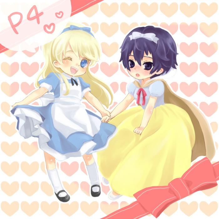 chieri, alice (alice in wonderland), kuma (persona 4), shirogane naoto, snow white (fairy tale character), alice's adventures in wonderland, atlus, disney, persona, persona 4, snow white (fairy tale), 1boy, 1girl, alice (alice in wonderland) (cosplay), androgynous, apron, blonde hair, blue eyes, blue hair, blush, bow, cape, cosplay, crossdressing, dress, hair bow, hair ribbon, heart, holding hands, mary janes, one eye closed, reverse trap, ribbon, shoes, short hair, snow white (disney) (cosplay), socks, trap, wink