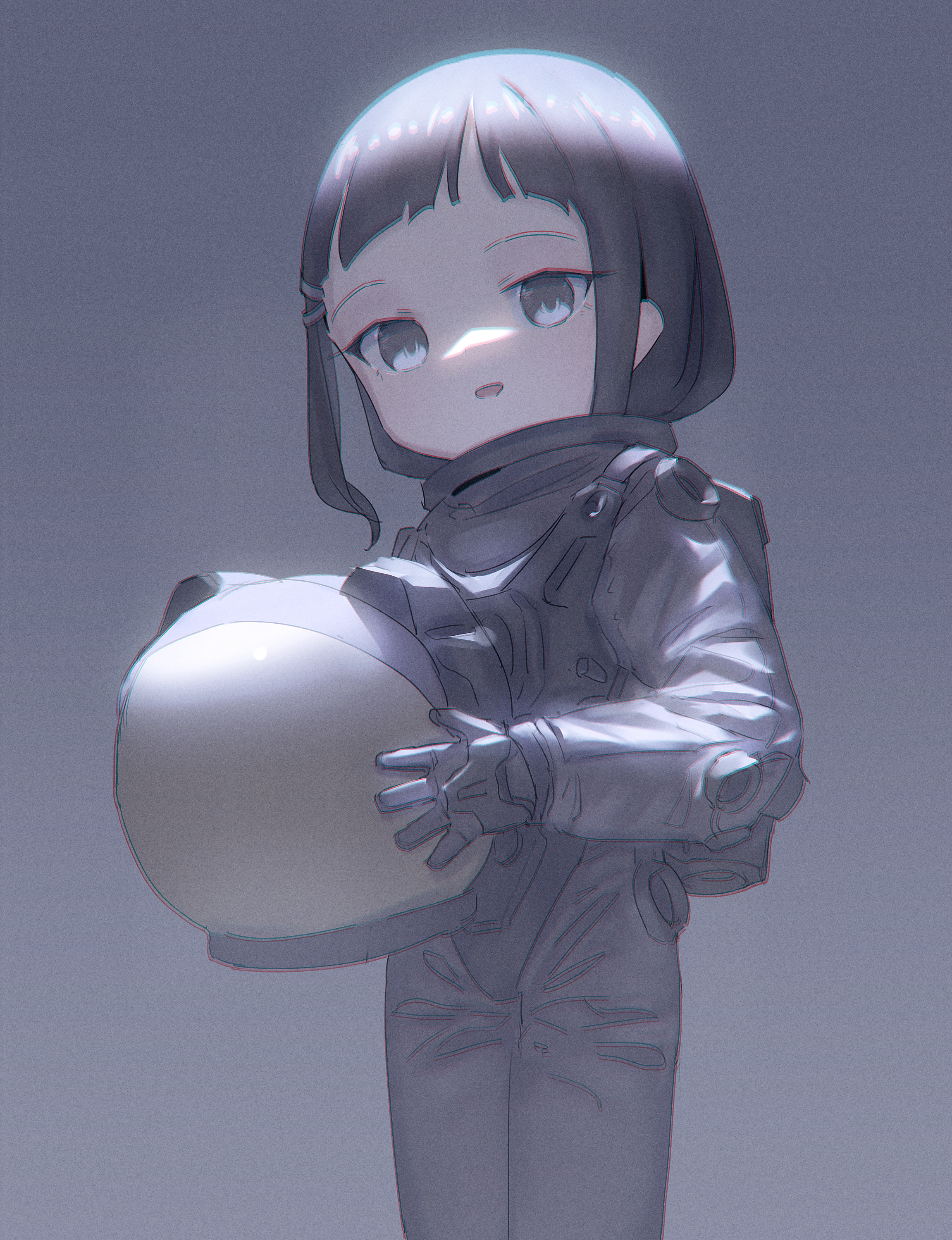captaintcher, original, absurdres, highres, 1girl, astronaut, black hair, grey eyes, helmet, holding, holding unworn helmet, looking at viewer, pointy ears, smile, solo, spacesuit, unworn headwear, unworn helmet