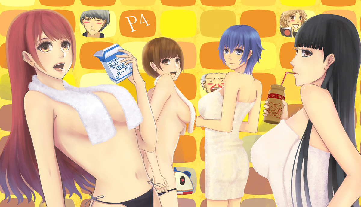 sakimori (hououbds), amagi yukiko, hanamura yousuke, kujikawa rise, kuma (persona 4), narukami yu, satonaka chie, shirogane naoto, tatsumi kanji, atlus, persona, persona 4, 3boys, 4girls, bad anatomy, black hair, black panties, blue eyes, blue hair, breasts, brown eyes, brown hair, censored, convenient censoring, drinking straw, impossible towel, large breasts, long hair, milk, multiple boys, multiple girls, naked towel, panties, red hair, short hair, side-tie panties, sideboob, topless female, towel, towel over breasts, underwear, underwear only