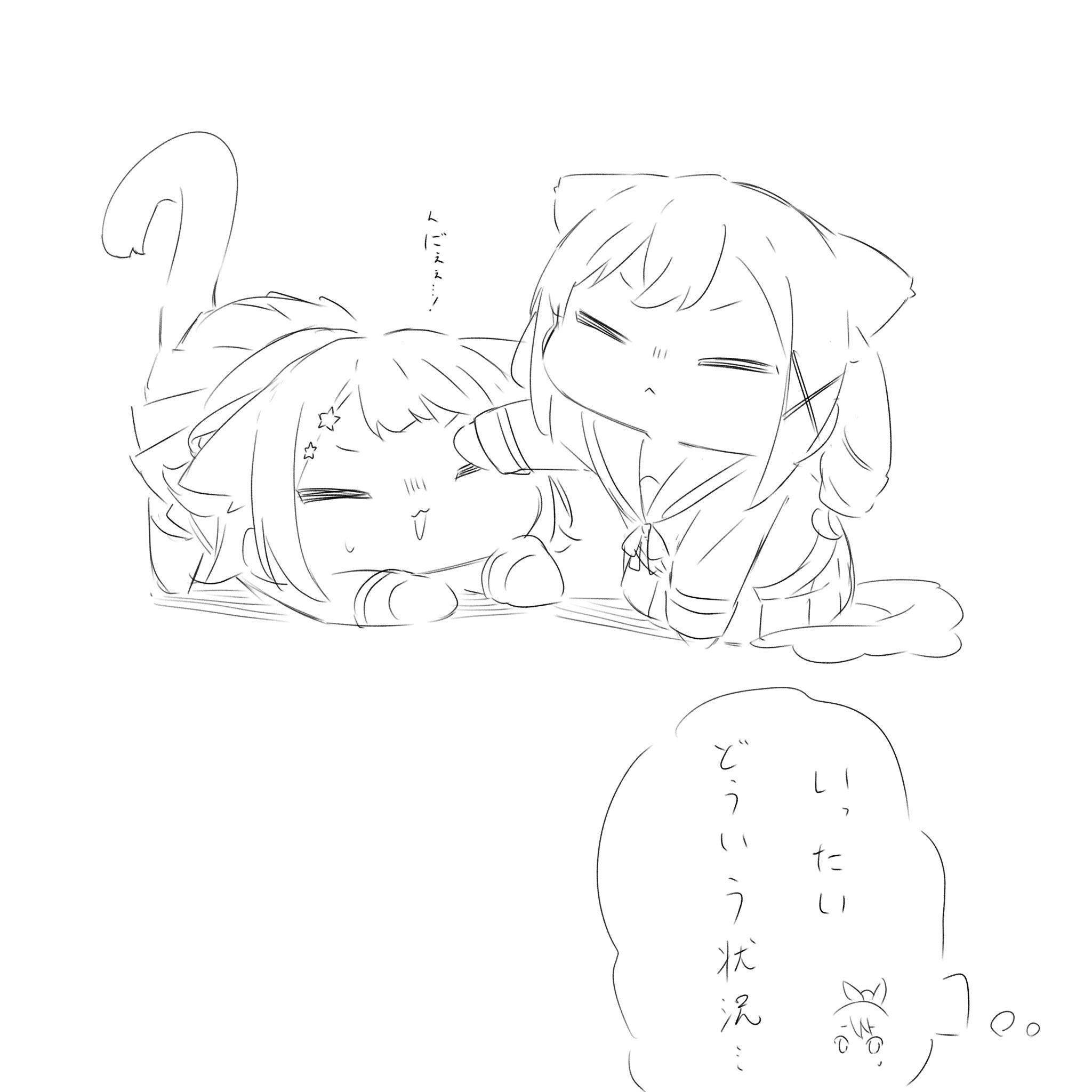 kanade (kanade 3344), ichigaya arisa, toyama kasumi, yamabuki saya, bang dream!, highres, translation request, 2girls, :3, animal ears, cat ears, cat girl, cat tail, chibi, greyscale, hair ornament, long hair, long sleeves, monochrome, multiple girls, simple background, star (symbol), star hair ornament, tail, twintails, white background