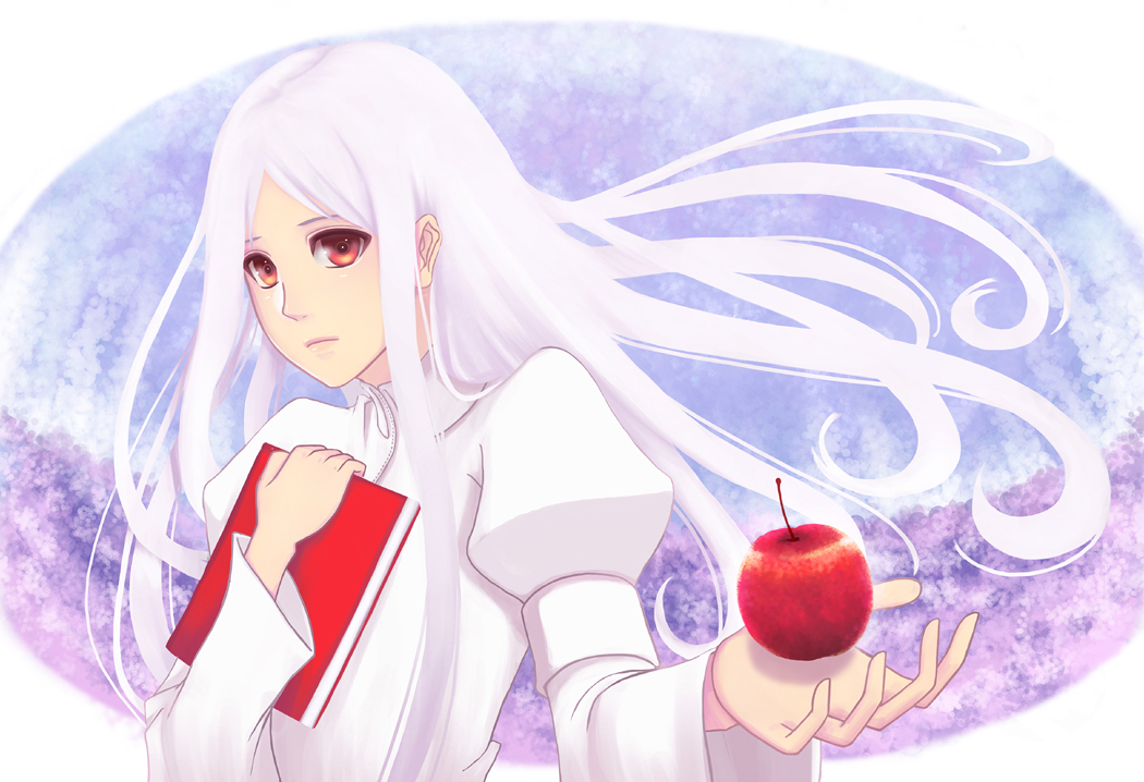 sakimori (hououbds), el (sound horizon), elysion, original, sound horizon, 1girl, apple, book, dress, female focus, food, fruit, long hair, red eyes, solo, white hair