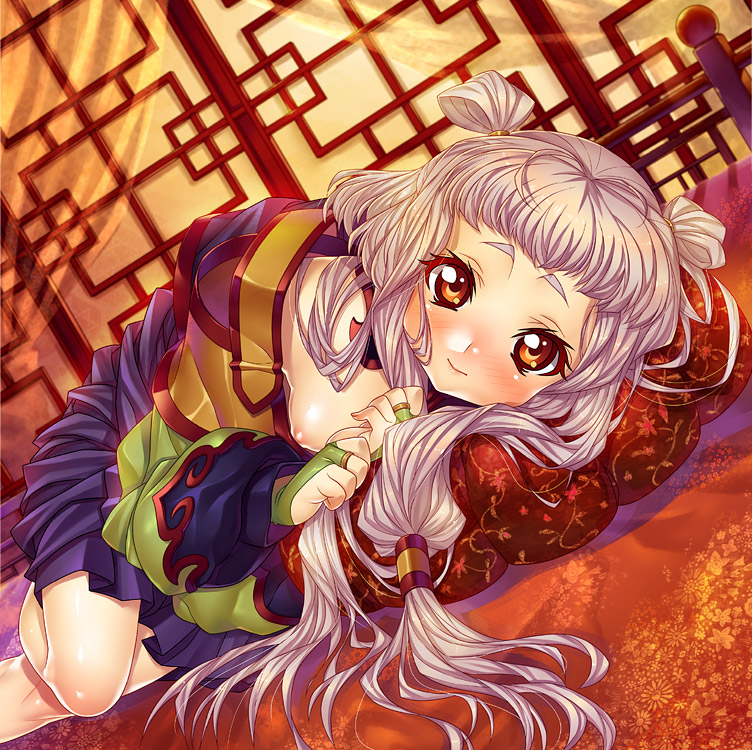 kink (tortoiseshell), tianzi, code geass, silver hair, 00s, 1girl, blush, bridal gauntlets, dutch angle, female focus, flat chest, long hair, looking at viewer, lying, nipple slip, nipples, no bra, on side, orange eyes, short eyebrows, smile, solo, twintails