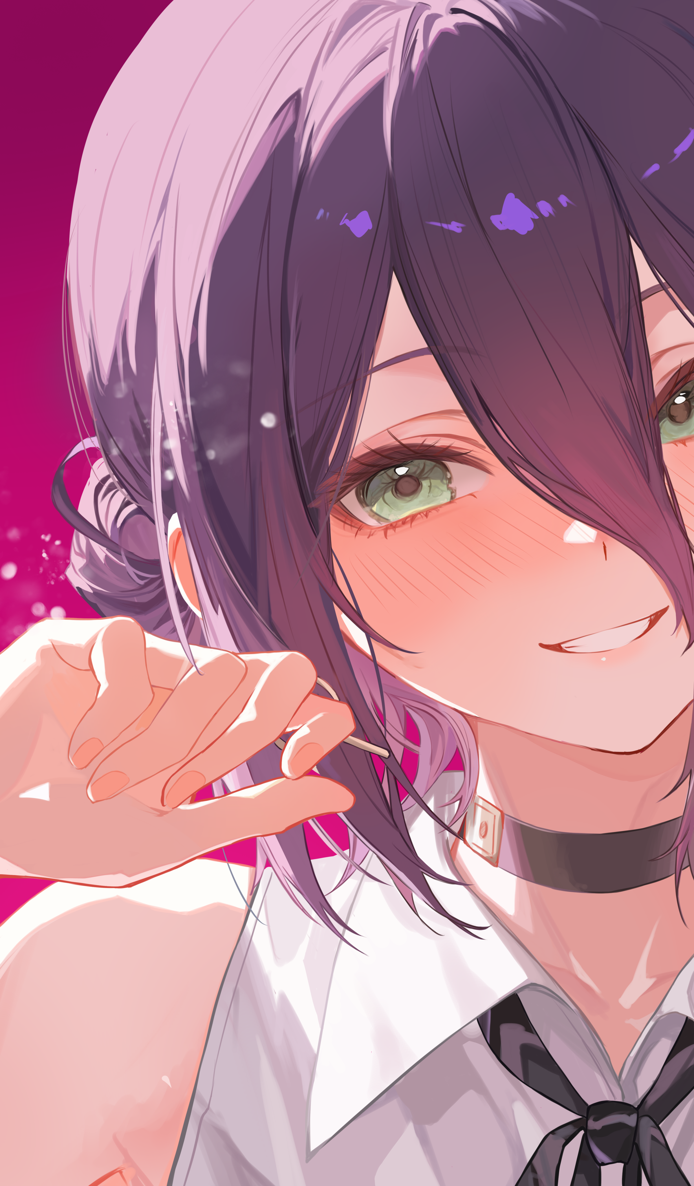 nono i831, reze (chainsaw man), chainsaw man, absurdres, highres, 1girl, black choker, black ribbon, blush, choker, close-up, collarbone, collared shirt, green eyes, grenade pin, grin, hair between eyes, hair bun, looking at viewer, neck ribbon, pink background, portrait, ribbon, shirt, sidelocks, sleeveless, sleeveless shirt, smile, solo, white shirt