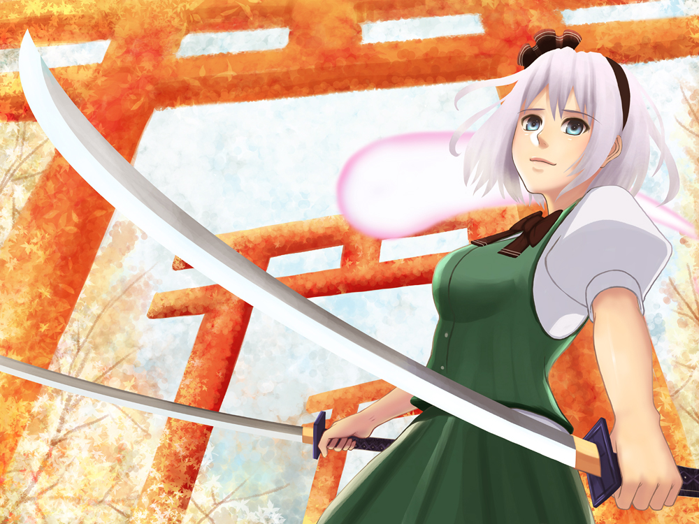 sakimori (hououbds), konpaku youmu, konpaku youmu (ghost), touhou, bad id, bad pixiv id, 1girl, blue eyes, breasts, dress, dual wielding, female focus, hairband, headband, hitodama, holding, katana, medium breasts, multiple torii, short hair, skirt, solo, sword, tanto, torii, vest, weapon, white hair
