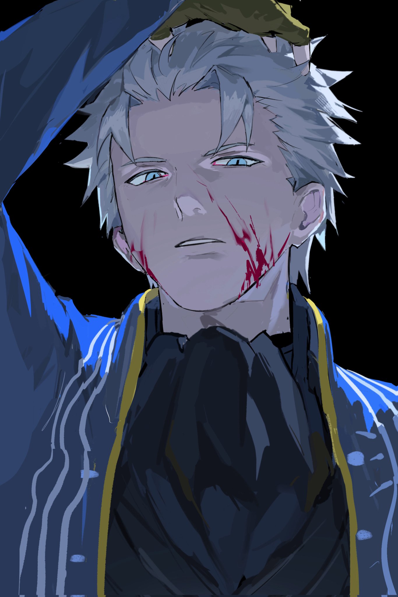 utopia 87115256, vergil (devil may cry), devil may cry, devil may cry (series), devil may cry 3, chinese commentary, commentary request, highres, 1boy, ascot, black ascot, black background, black vest, blood, blood on face, blue coat, blue eyes, brown gloves, coat, gloves, hair slicked back, hand on own head, long sleeves, looking at viewer, male focus, parted lips, short hair, solo, teeth, upper body, vest, white hair