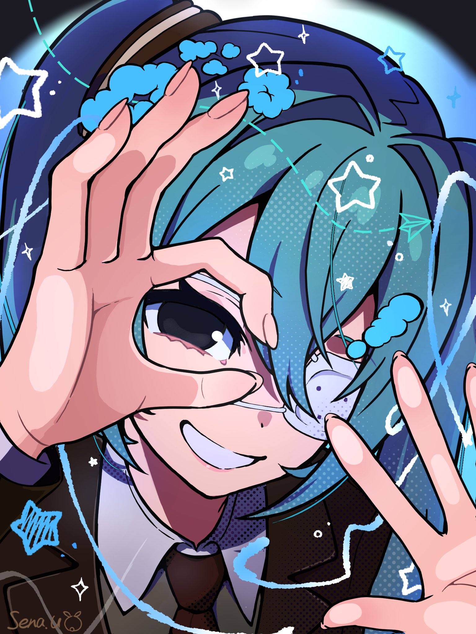 uzuki sena, hatsune miku, monitoring (vocaloid), vocaloid, highres, 1girl, aqua hair, artist name, brown jacket, brown necktie, eyepatch, fingernails, grey eyes, hair between eyes, hair intakes, jacket, long hair, medical eyepatch, necktie, ok sign, ok sign over eye, paper airplane, shirt, smile, solo, sparkle, star (symbol), teeth, twintails, upper body, white shirt