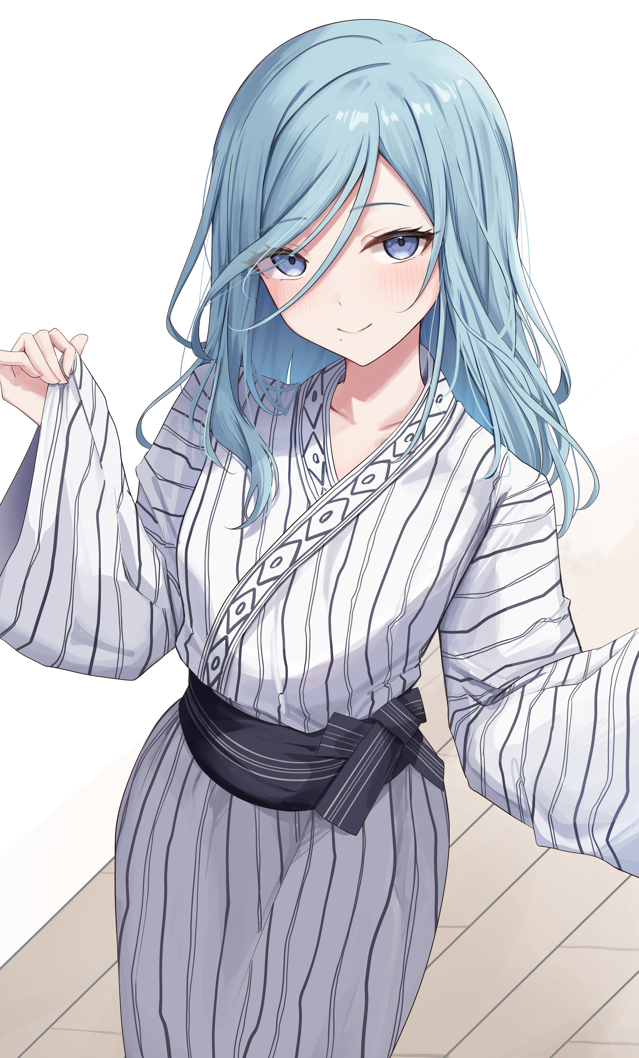 kunizaki, hinomori shizuku, project sekai, absurdres, commentary request, highres, blue eyes, blue hair, blush, closed mouth, cowboy shot, hair between eyes, japanese clothes, kimono, long hair, long sleeves, looking at viewer, sash, simple background, smile, striped clothes, striped kimono, white background, white kimono, yukata