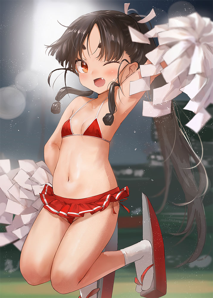 toka (marchlizard), nisshin (kancolle), kantai collection, 1girl, alternate costume, arm up, armpits, bikini, black hair, brown eyes, cheerleader, fang, hair ribbon, hand on own hip, high ponytail, jumping, long hair, looking at viewer, multi-tied hair, navel, night, one eye closed, open mouth, pom pom (cheerleading), ponytail, red bikini, ribbon, short eyebrows, side-tie bikini bottom, socks, solo, stadium, stomach, swimsuit, thick eyebrows, very long hair, white ribbon, white socks