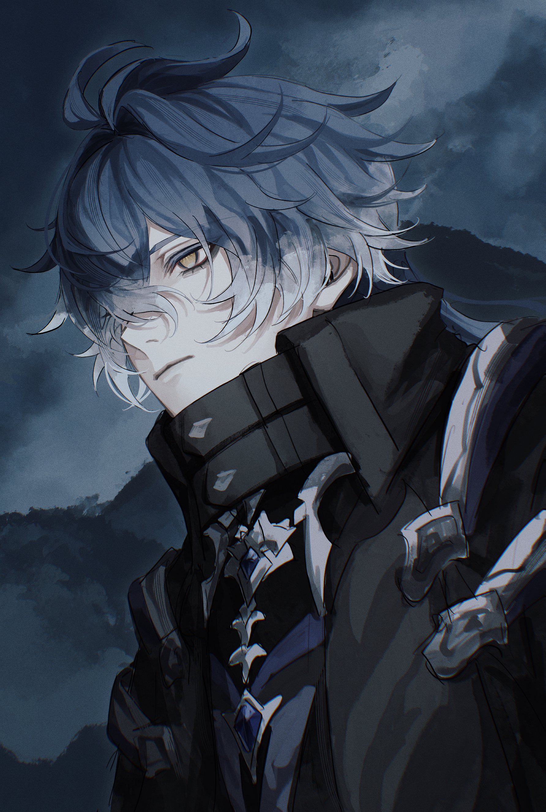 flins (genshin impact), genshin impact, absurdres, highres, 1boy, antenna hair, black coat, blue hair, closed mouth, cloud, cloudy sky, coat, collared coat, crossed bangs, empty eyes, fz7047, gradient hair, male focus, mountain, multicolored hair, outdoors, parted bangs, sky, solo, upper body, yellow eyes