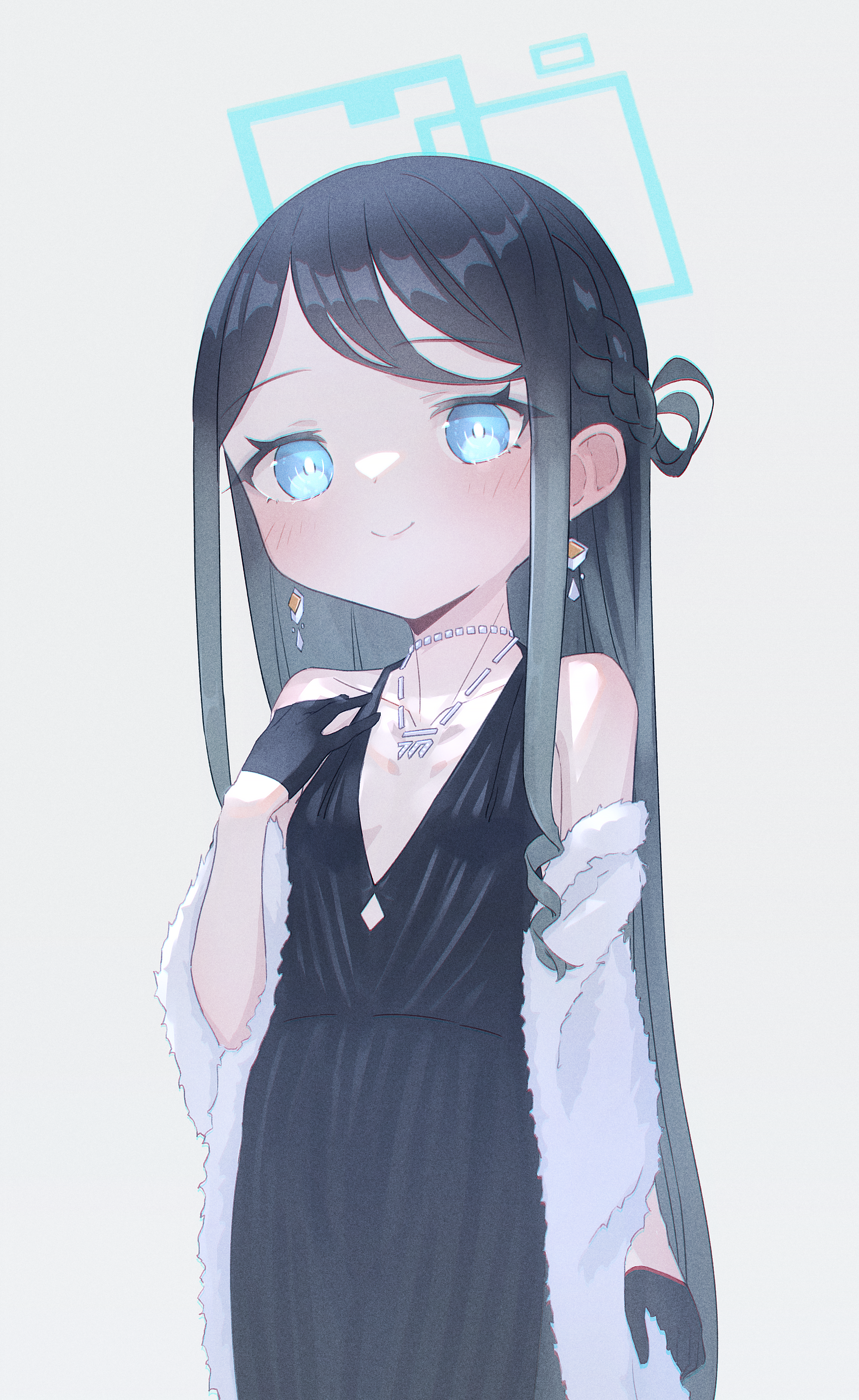 captaintcher, aris (blue archive), blue archive, absurdres, highres, 1girl, black hair, blue eyes, blush, dress, earrings, flat chest, gloves, halo, jewelry, long hair, necklace, smile, solo, very long hair