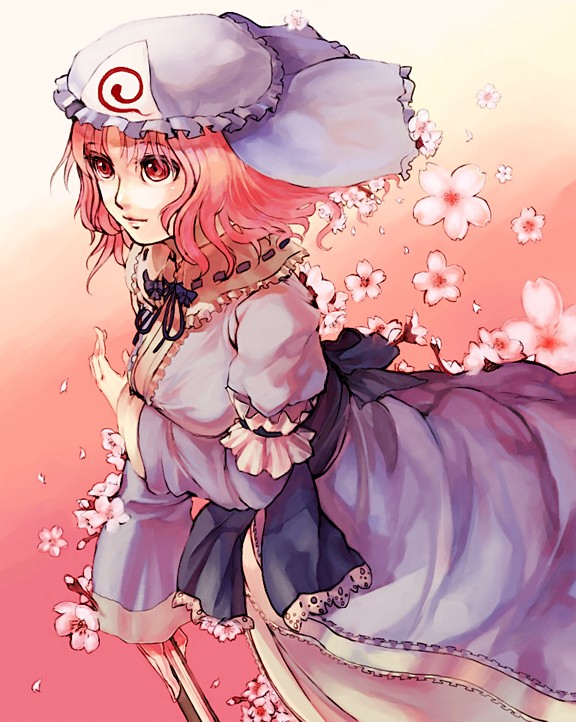 xero, saigyouji yuyuko, touhou, breast hold, eyebrows, looking away, 1girl, arm garter, blue ribbon, breasts, cherry blossoms, closed mouth, female focus, flower, folding fan, frills, gradient background, hair flower, hair ornament, hand fan, hat, holding, japanese clothes, lace, light smile, long sleeves, looking to the side, pink hair, red eyes, ribbon, ribbon-trimmed collar, ribbon trim, smile, solo, triangular headpiece, veil, white flower