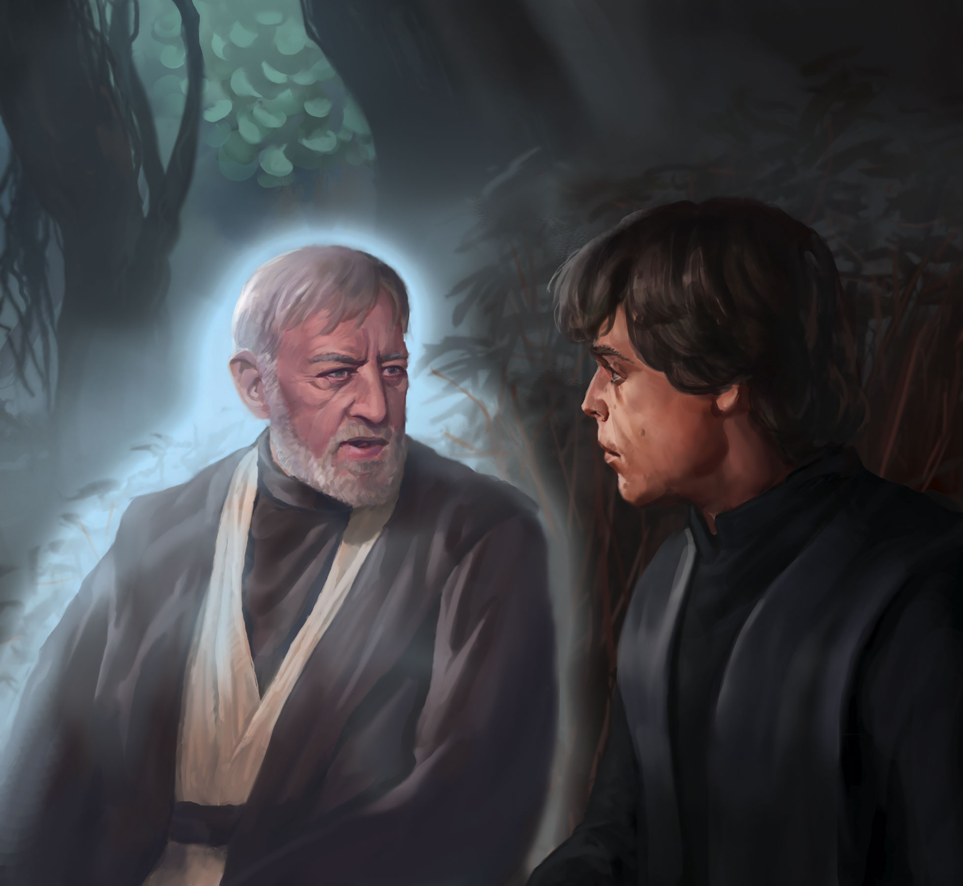javier charro, luke skywalker, obi-wan kenobi, star wars, star wars: return of the jedi, highres, 2boys, beard, brown hair, brown robe, facial hair, force ghost, forest, glowing, grey hair, looking at another, male focus, multiple boys, nature, outdoors, realistic, robe, short hair, tree