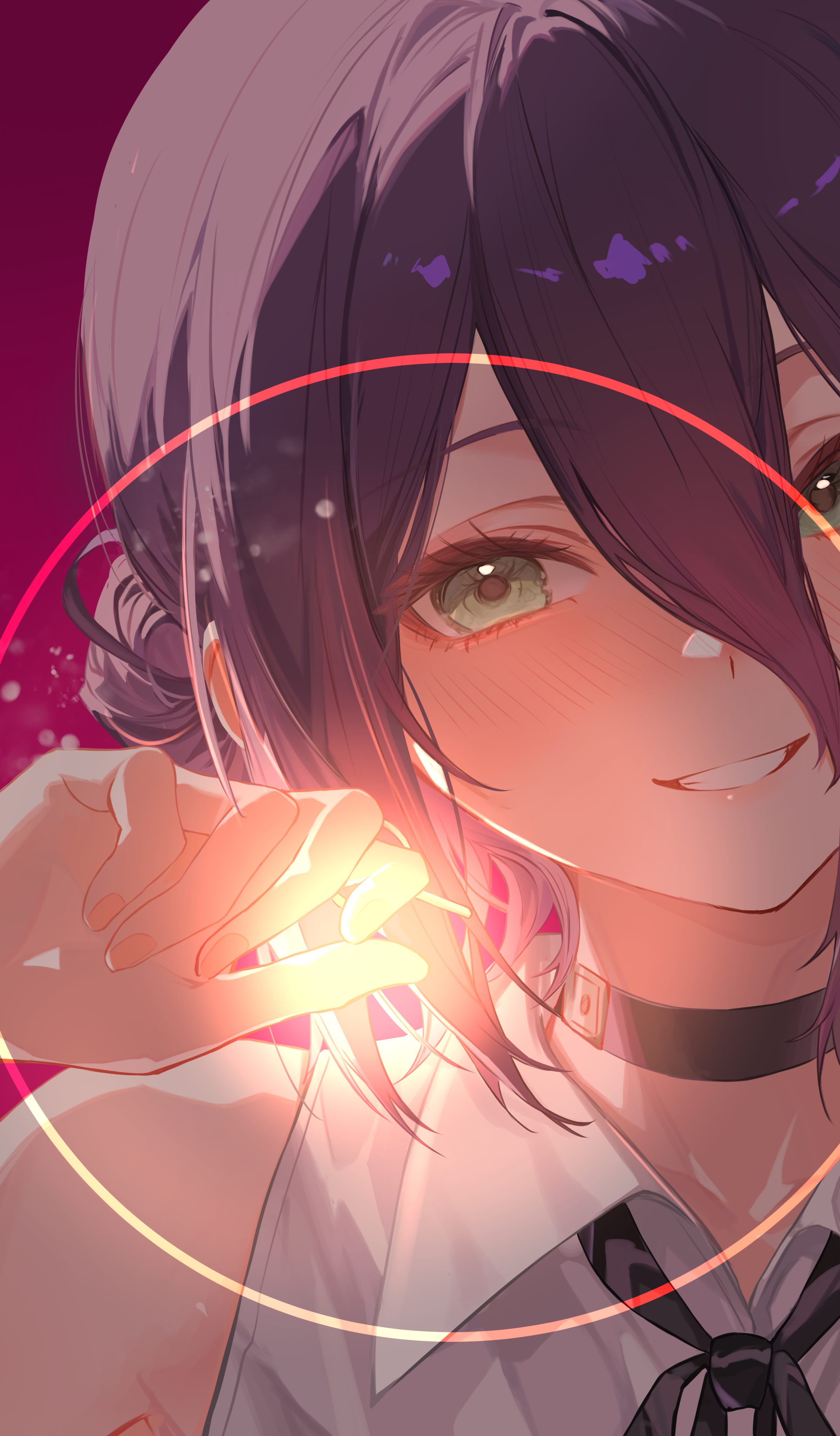 nono i831, reze (chainsaw man), chainsaw man, absurdres, highres, 1girl, black choker, black ribbon, blush, choker, close-up, collarbone, collared shirt, glowing, green eyes, grenade pin, grin, hair between eyes, hair bun, looking at viewer, neck ribbon, pink background, portrait, ribbon, shirt, sidelocks, sleeveless, sleeveless shirt, smile, solo, white shirt
