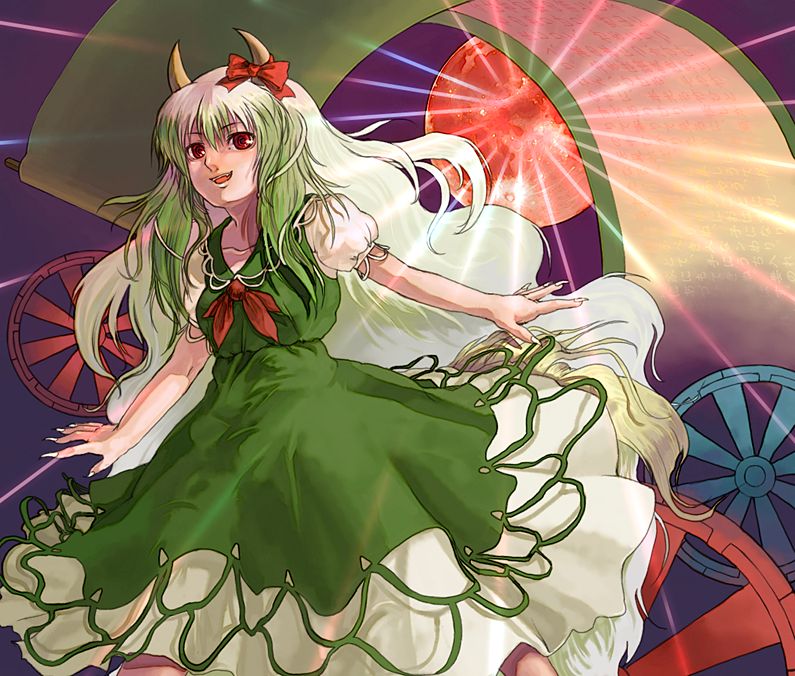 xero, ex-keine, kamishirasawa keine, touhou, kerchief, light, silver hair, 1girl, dress, female focus, floating, green dress, horn ornament, horns, magic, puffy short sleeves, puffy sleeves, red eyes, short sleeves, solo