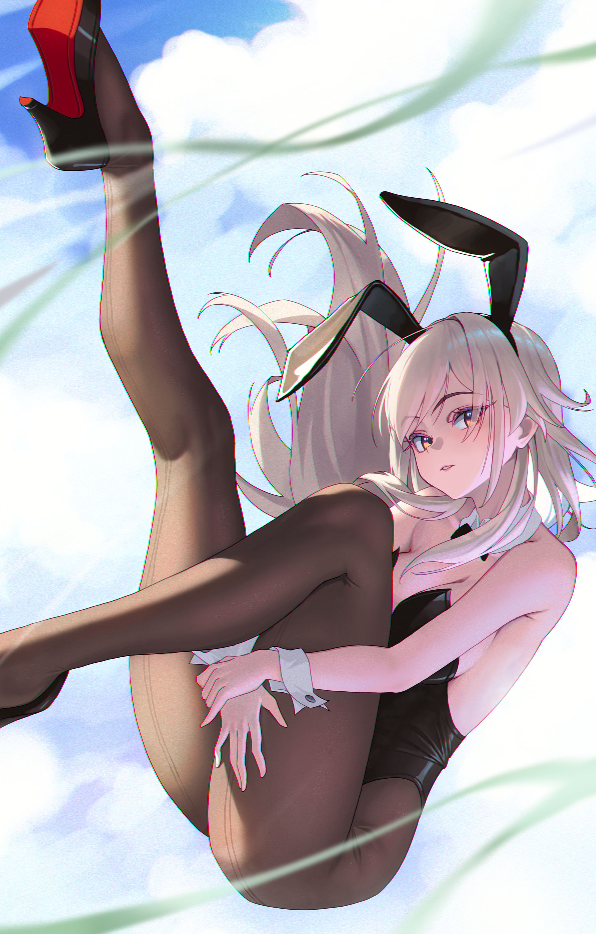bowlp, stelle (honkai: star rail), trailblazer (honkai: star rail), honkai: star rail, honkai (series), absurdres, commentary, highres, 1girl, ||/, animal ears, bare arms, black bow, black bowtie, black leotard, black pantyhose, black shoes, blonde hair, blurry, blurry foreground, bow, bowtie, breasts, brown pantyhose, cleavage, cloud, collarbone, day, detached collar, fake animal ears, forehead, full body, high heels, hugging own leg, leg up, legs, leotard, long hair, looking at viewer, medium breasts, midair, outdoors, pantyhose, parted bangs, parted lips, playboy bunny, shadow, shoes, sky, solo, strapless, strapless leotard, thighs, wrist cuffs, yellow eyes