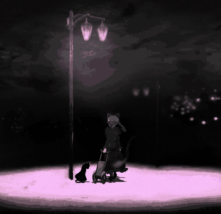 yoshioka yoshiko, kaenbyou rin, kaenbyou rin (cat), touhou, light, 1girl, animal ears, back, braid, cat, cat ears, female focus, ghost, lamppost, monochrome, night, pink theme, solo, time paradox, twin braids, twintails, wheelbarrow