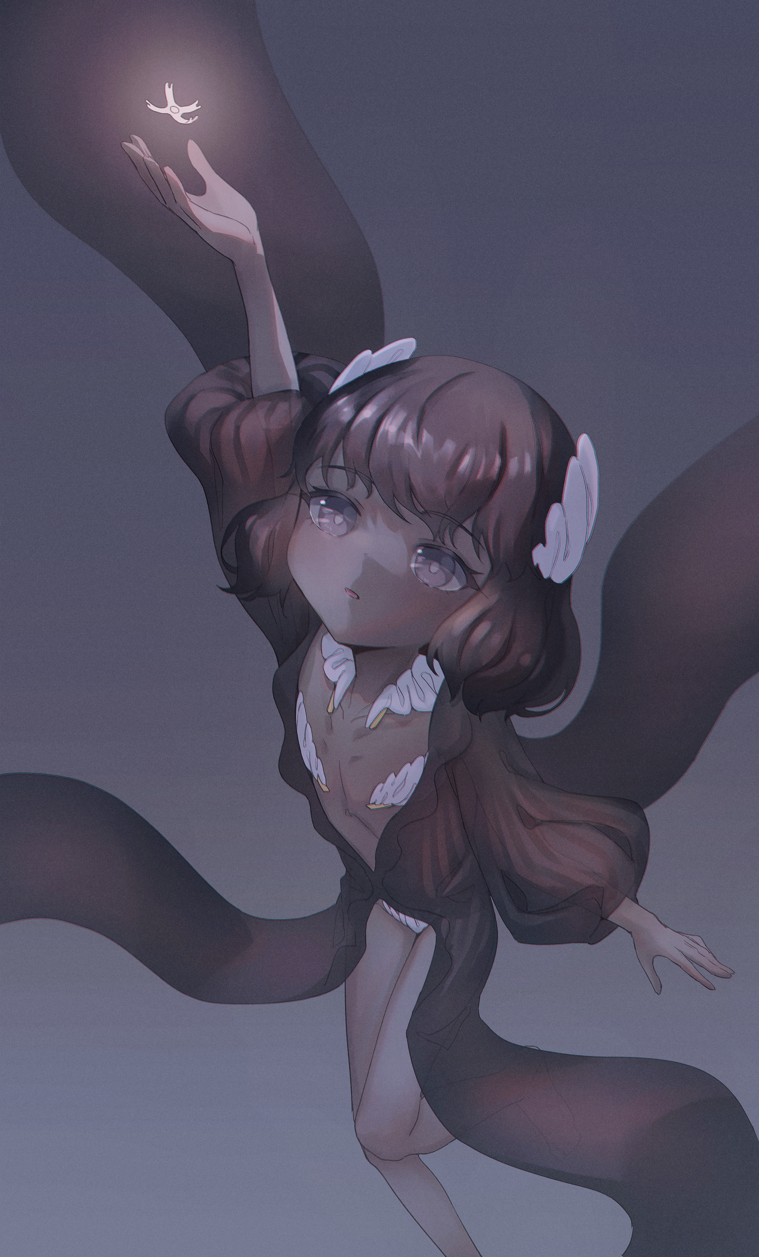 captaintcher, original, absurdres, commentary request, highres, 1girl, arm up, black hair, dark-skinned female, dark skin, dress, expressionless, flat chest, grey eyes, parted lips, reaching, short hair, solo